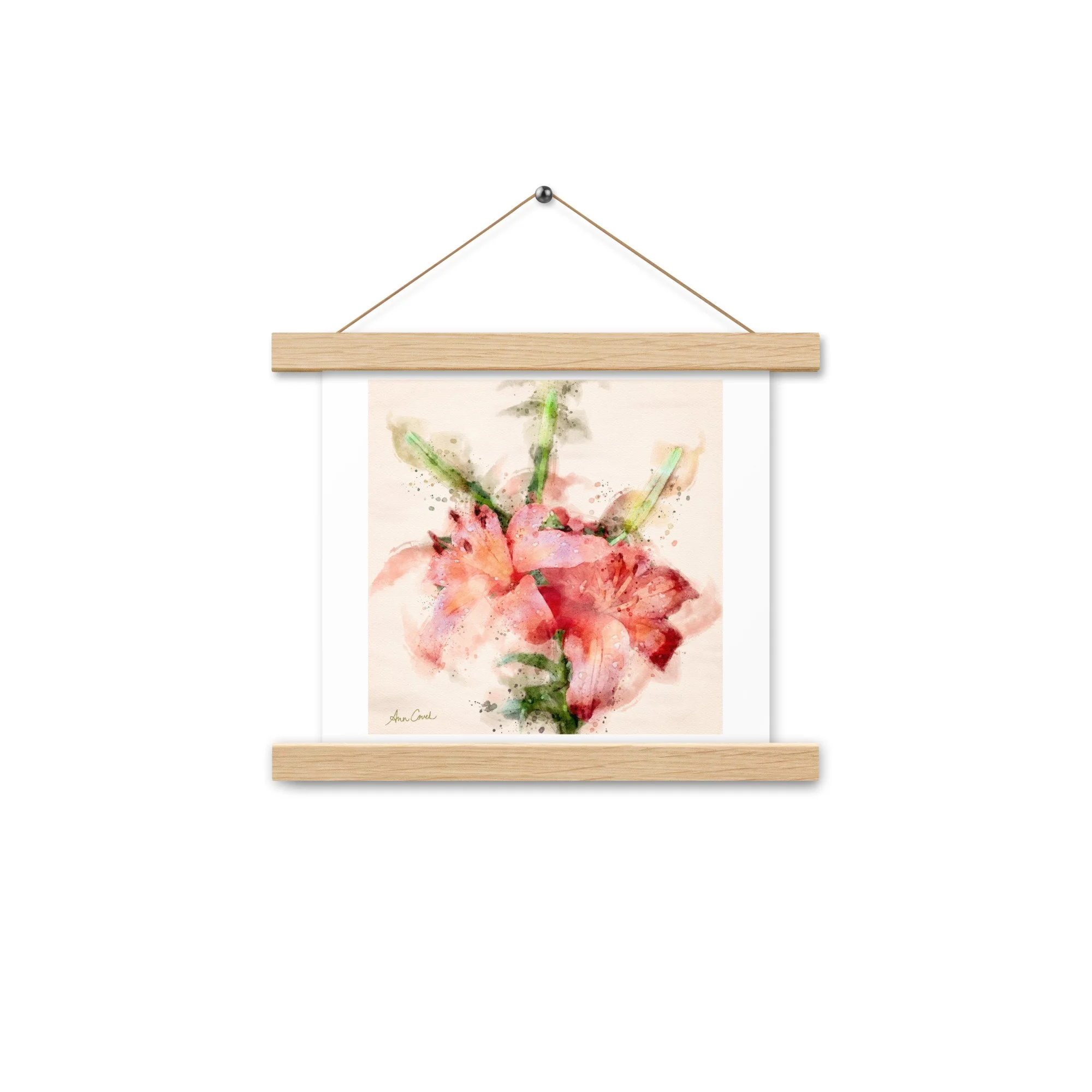 Wild Twin Day Lilies Watercolor Matte poster with Hanger oak frame