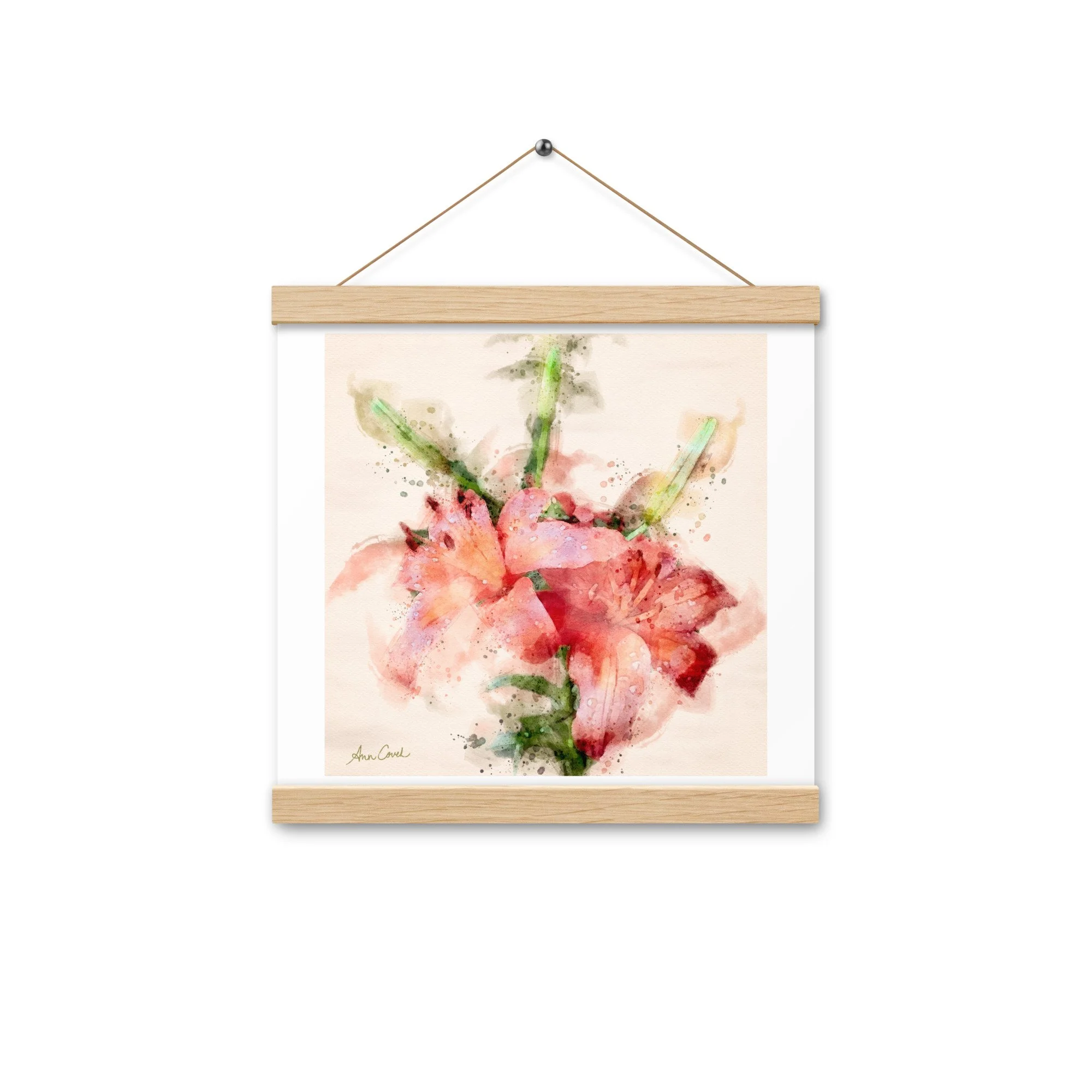 Wild Twin Day Lilies Watercolor Matte poster with Hanger oak frame