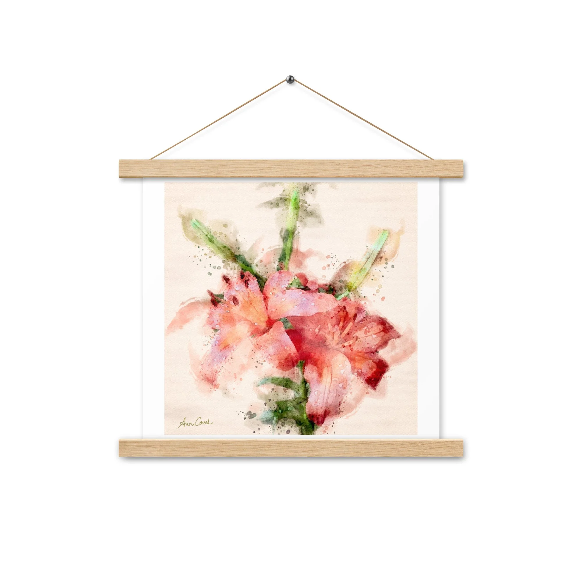 Wild Twin Day Lilies Watercolor Matte poster with Hanger oak frame
