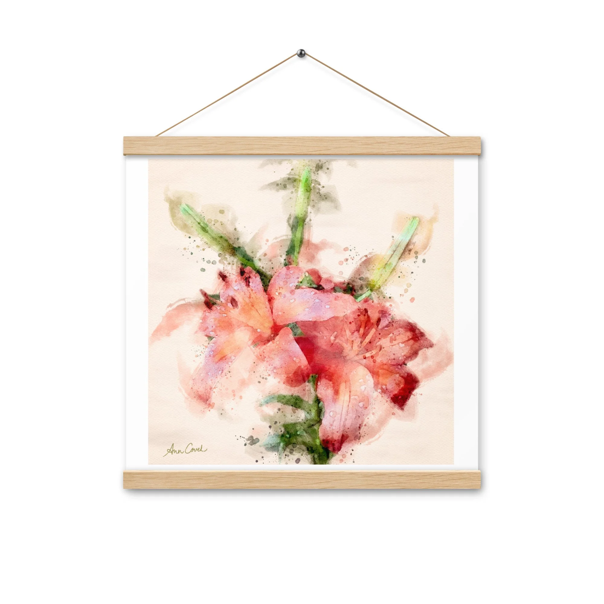 Wild Twin Day Lilies Watercolor Matte poster with Hanger oak frame
