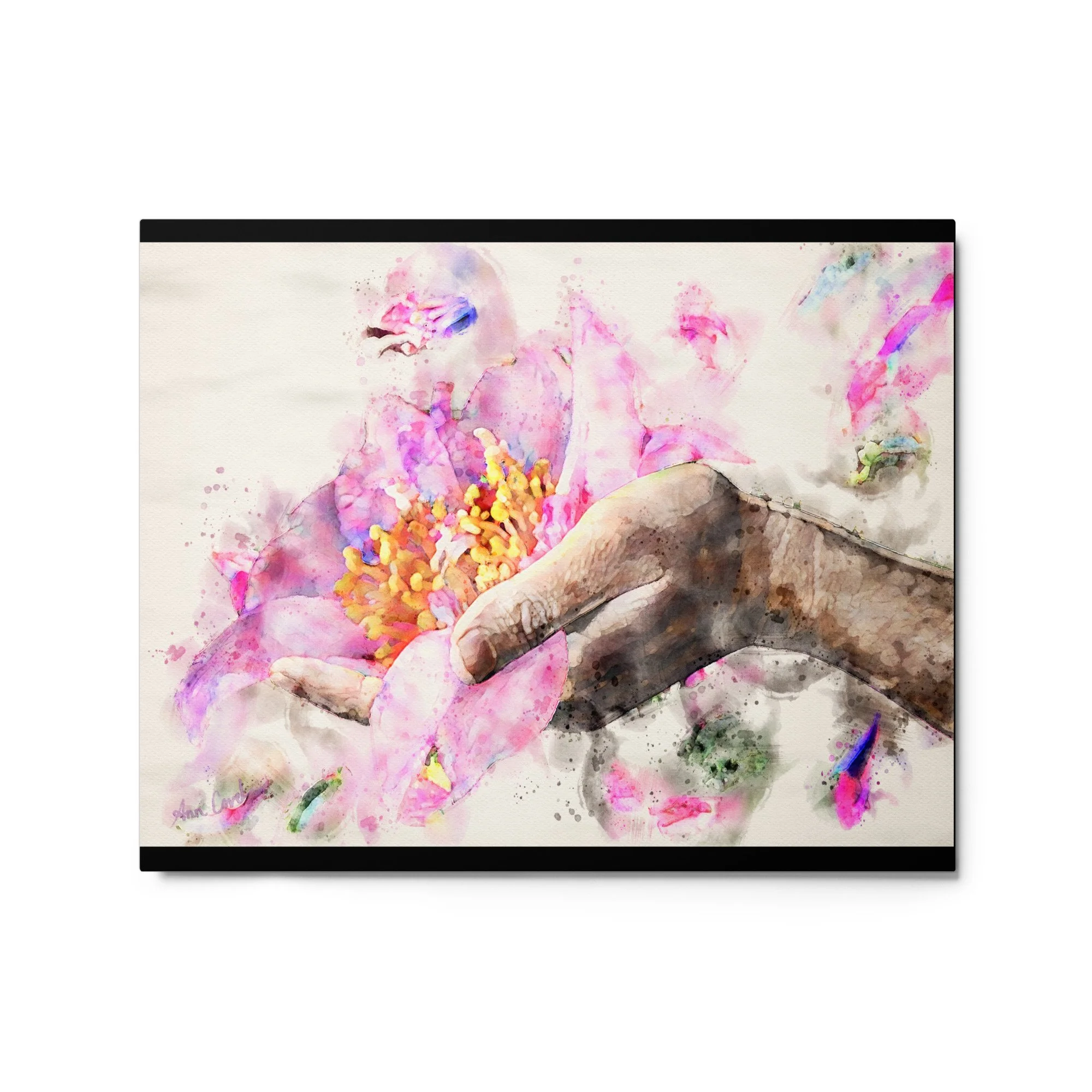 Contemporary watercolor metal print of human hand holding flower