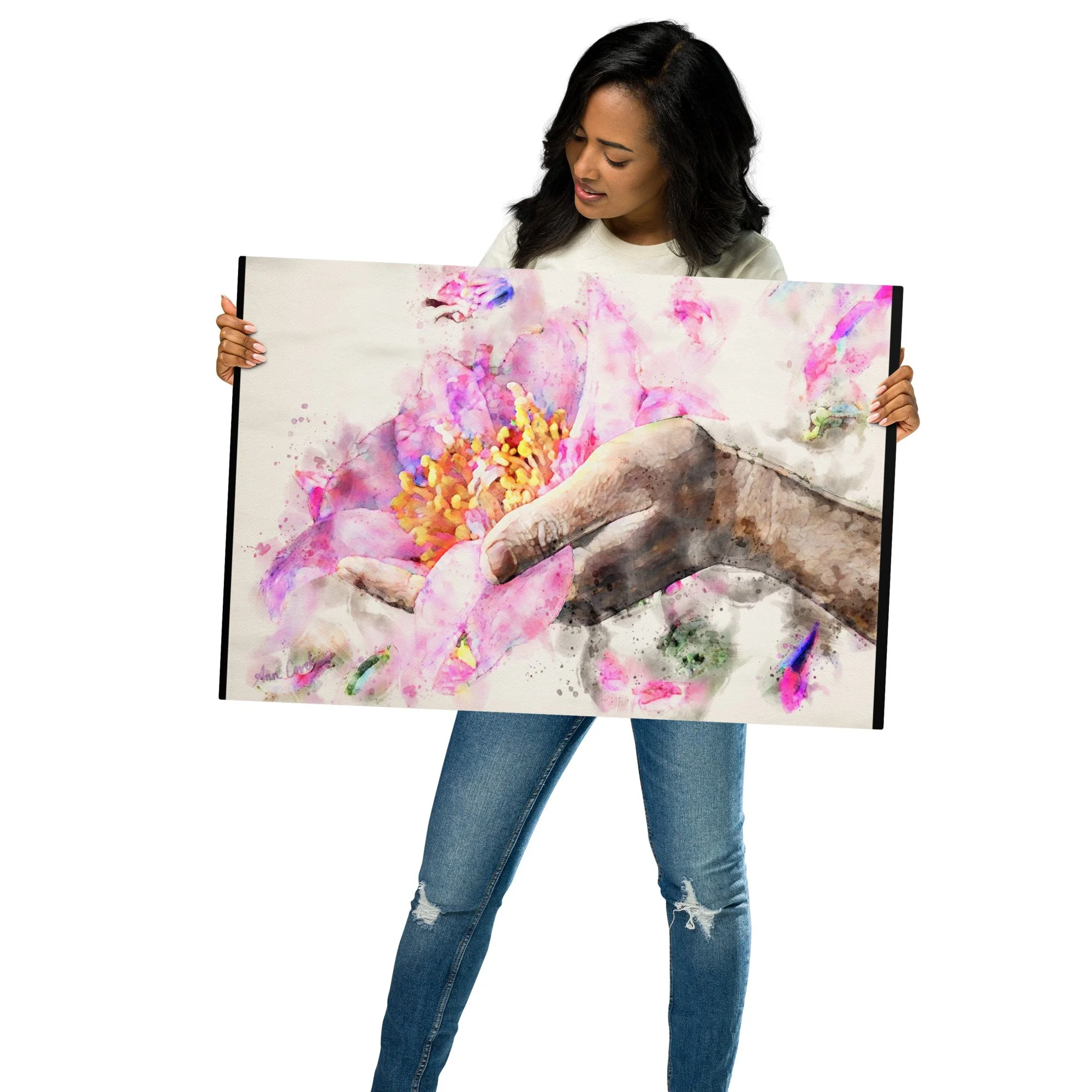 Contemporary watercolor metal print of human hand holding flower