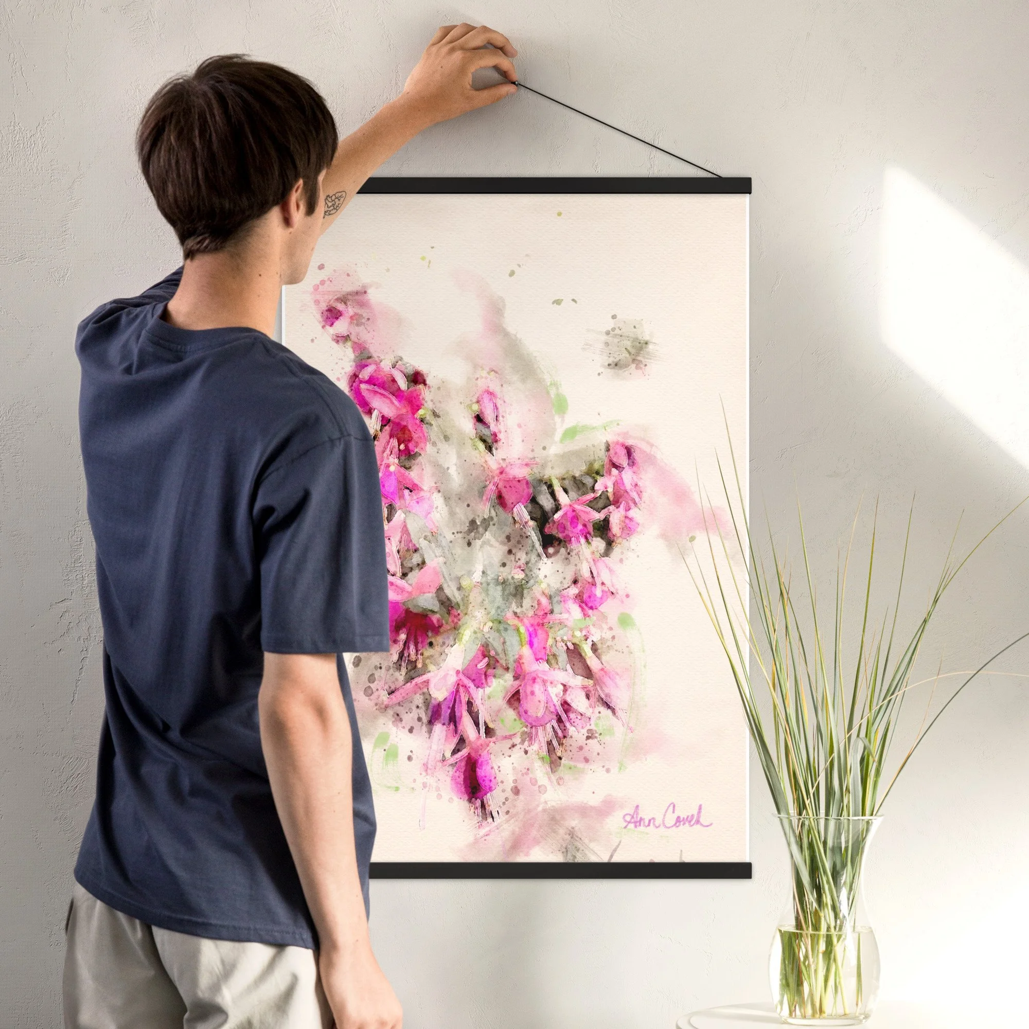 Sunlit fuchsia original watercolor hanging print black frame