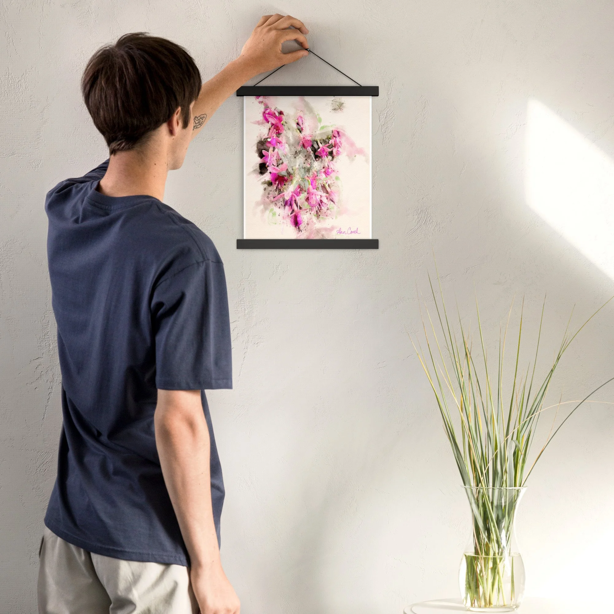 Sunlit fuchsia original watercolor hanging print black frame