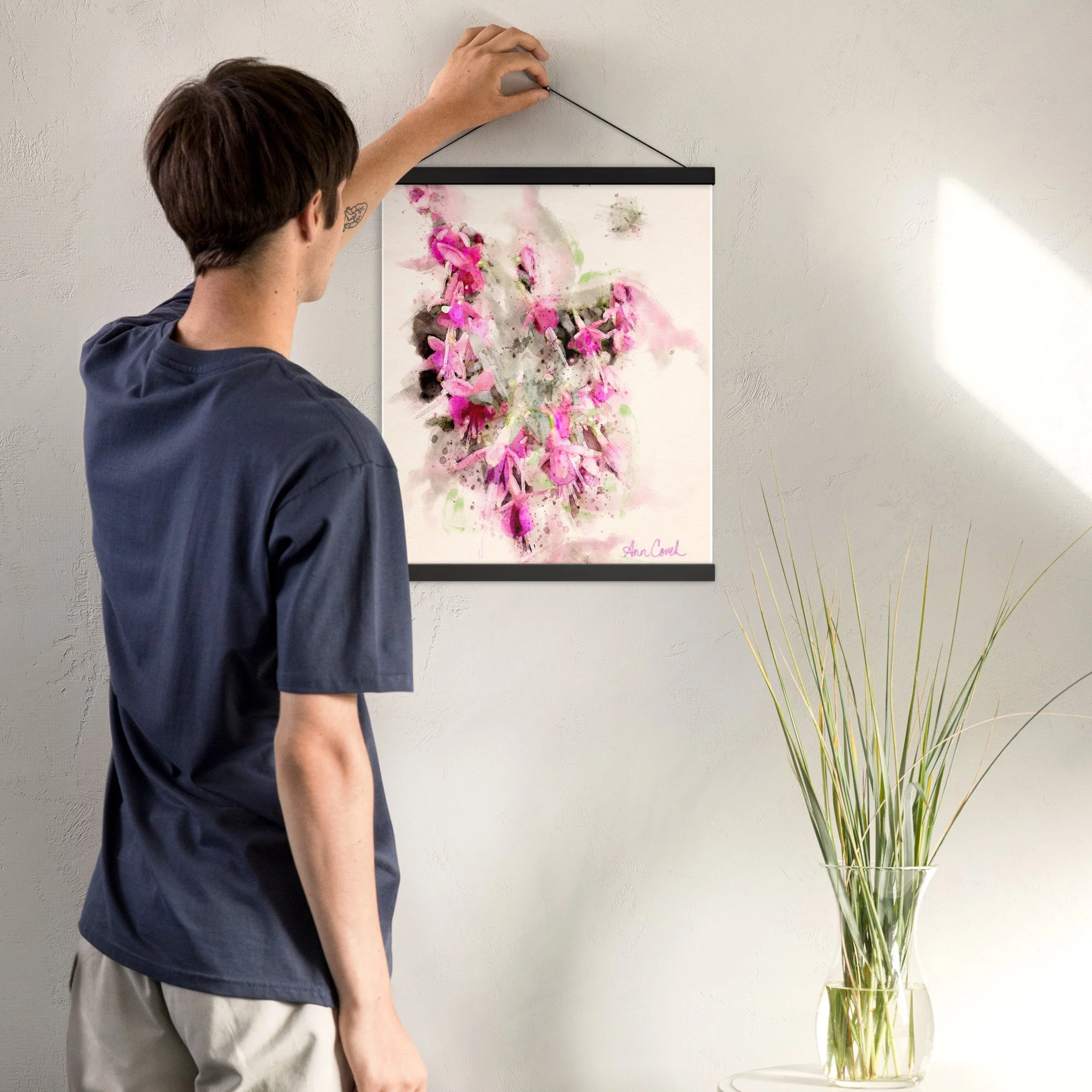 Sunlit fuchsia original watercolor hanging print black frame