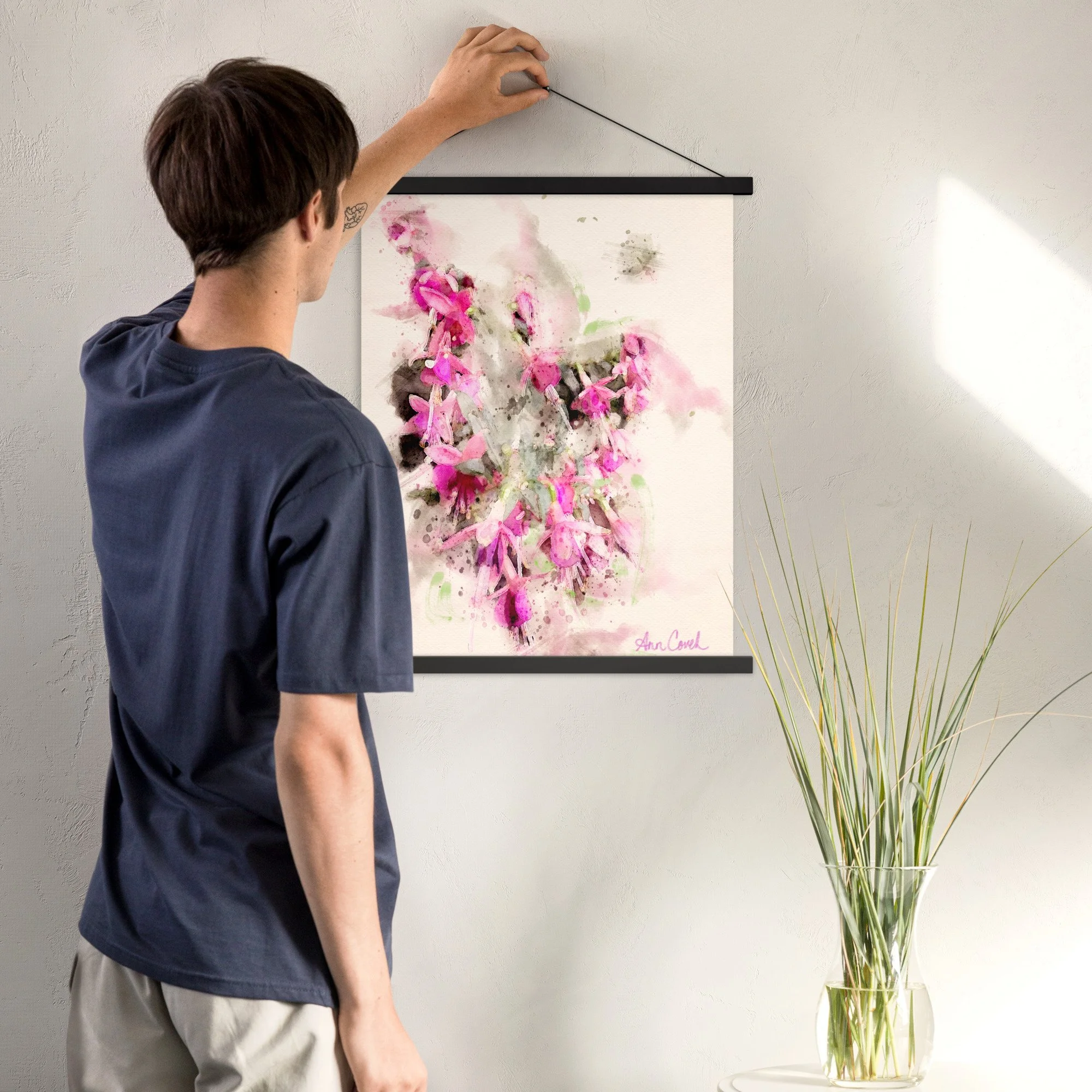 Sunlit fuchsia original watercolor hanging print black frame