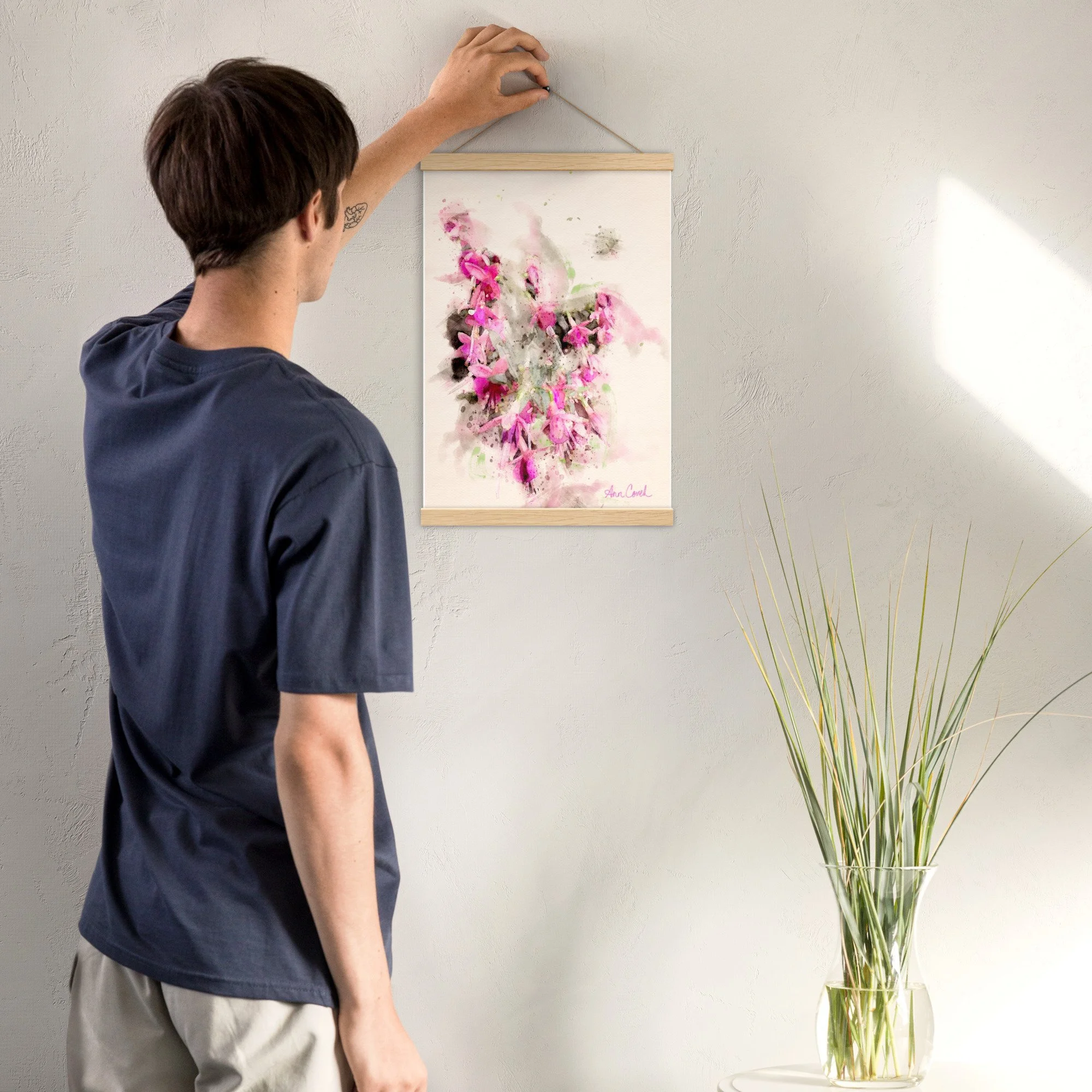 Sunlit fucSunlit fuchsia original watercolor hanging print oak framehsia original watercolor hanging print oak frame