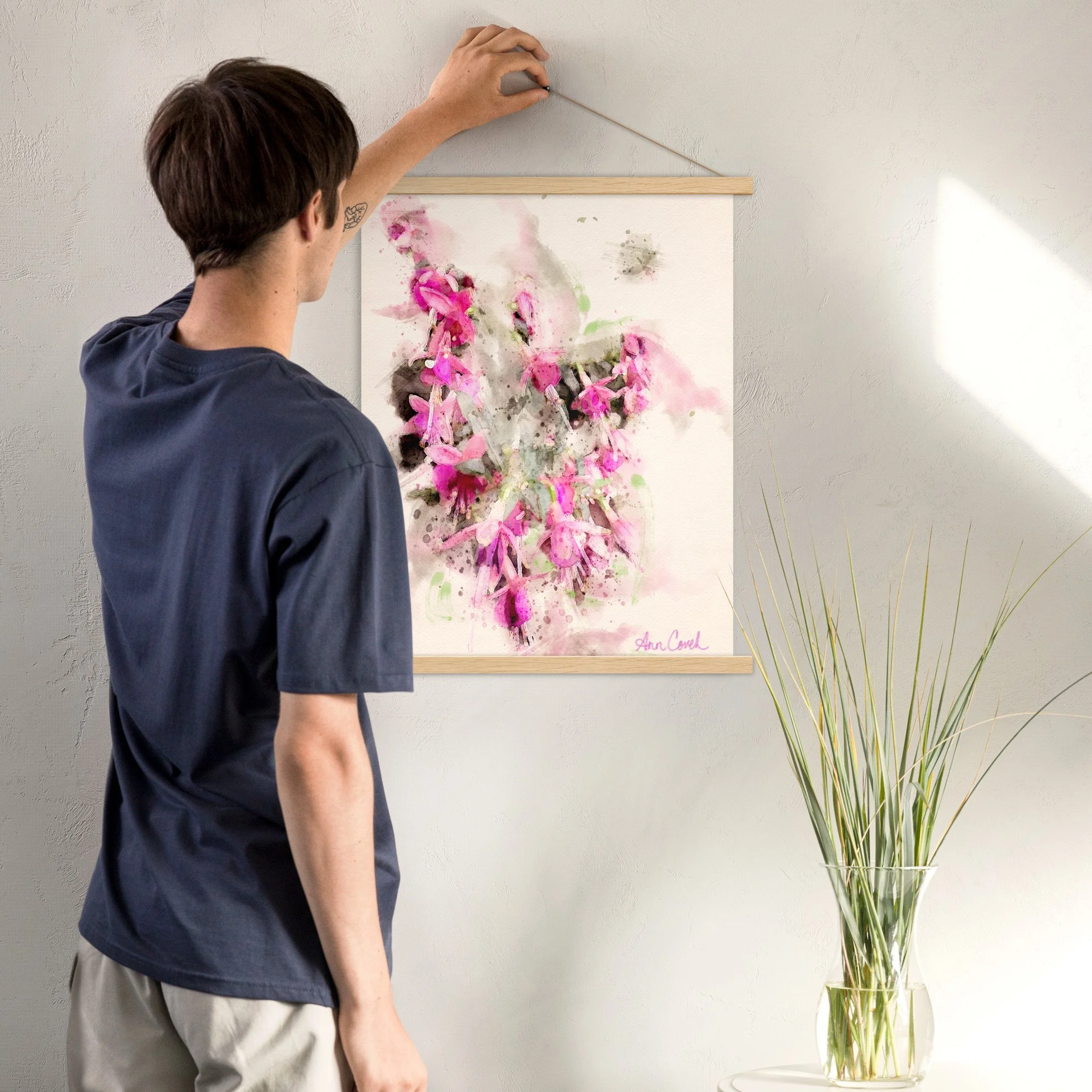 Sunlit fuchsia original watercolor hanging print oak frame
