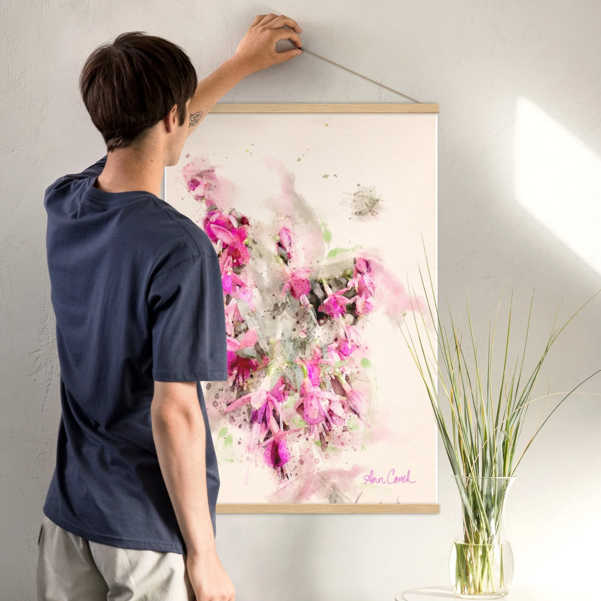 Sunlit fuchsia original watercolor hanging print oak frame