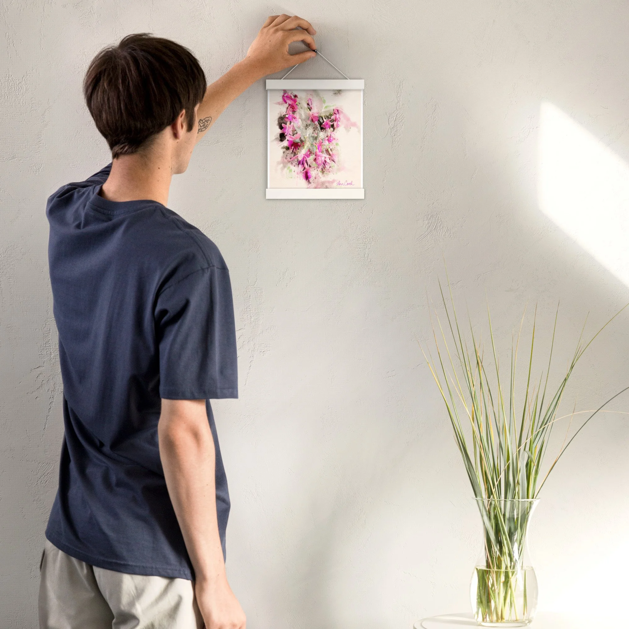 Sunlit fuchsia original watercolor hanging print white frame