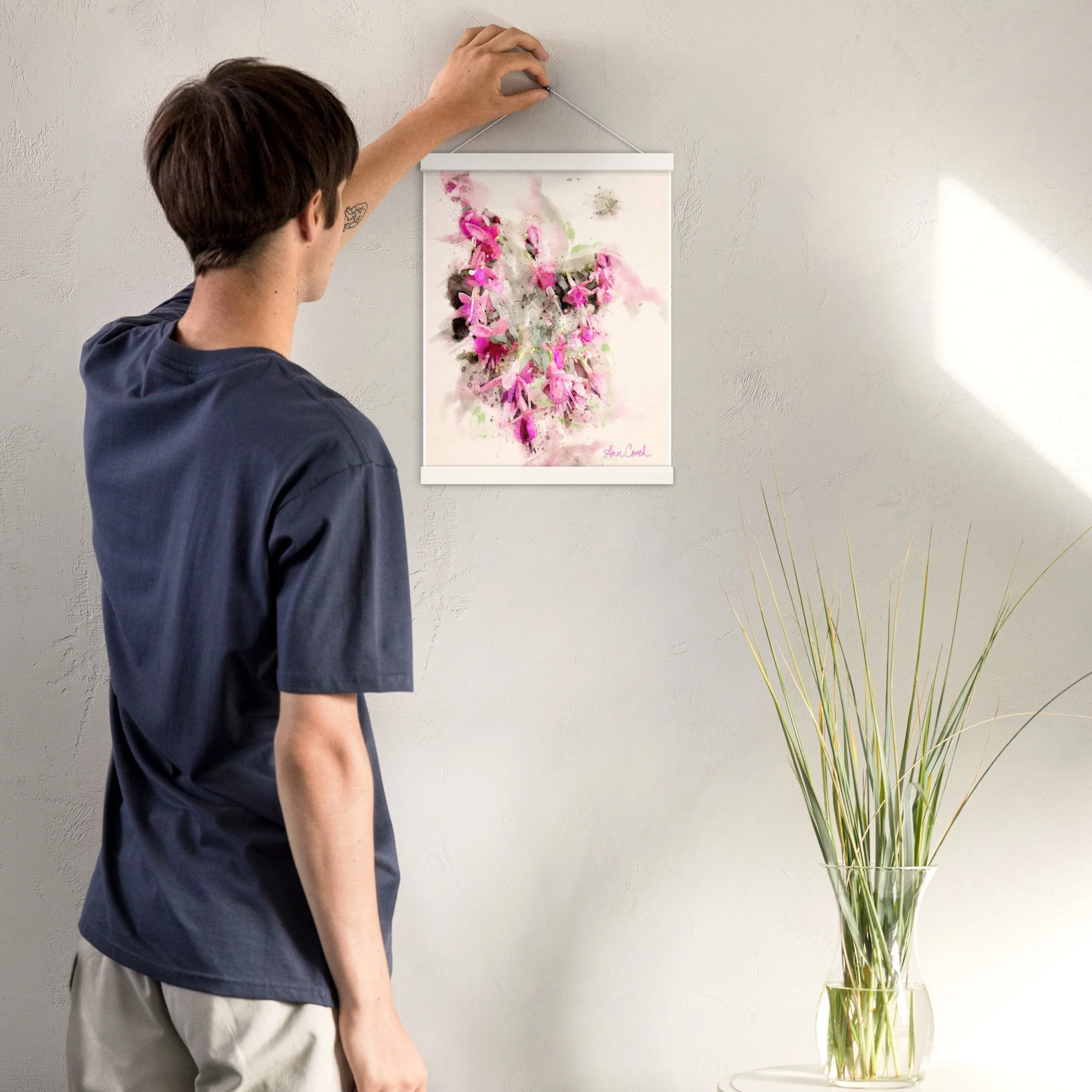 Sunlit fuchsia original watercolor hanging print white frame