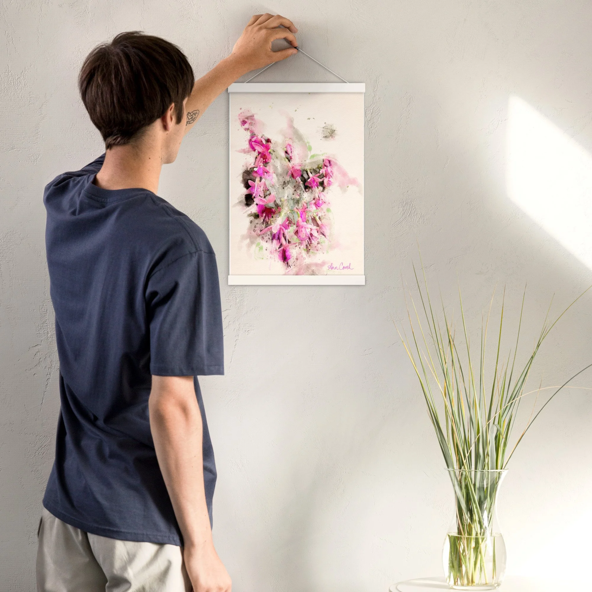 Sunlit fuchsia original watercolor hanging print white frame