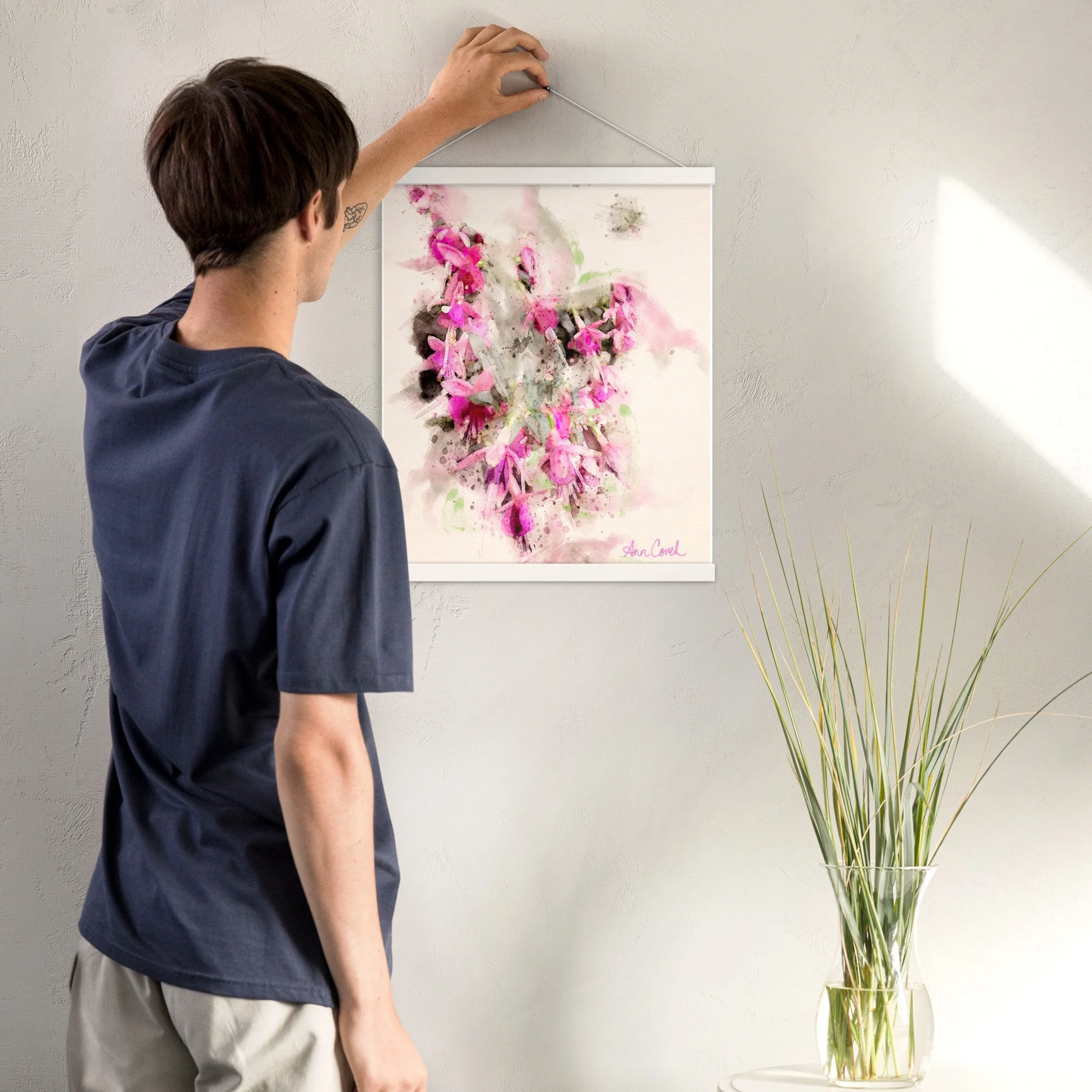 Sunlit fuchsia original watercolor hanging print white frame