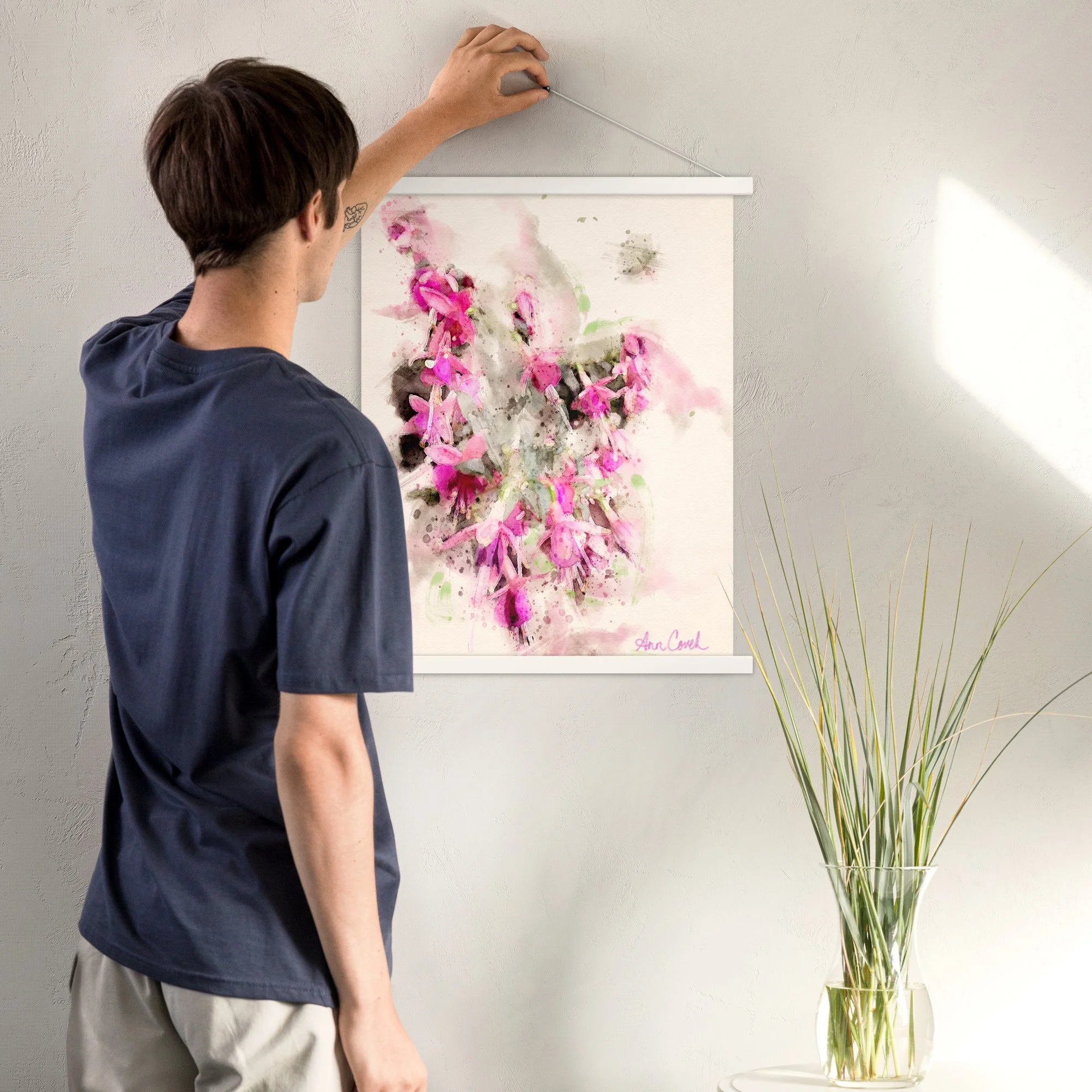 Sunlit fuchsia original watercolor hanging print white frame