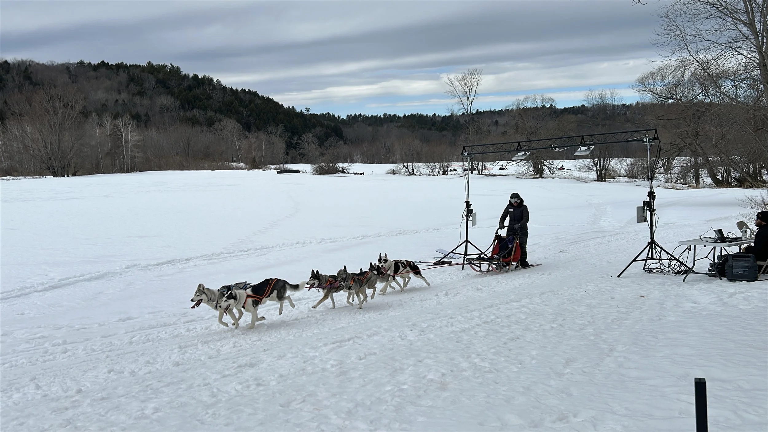 A participant sleds across the finish line on day two of the Maine Dogsledding Championship Race on March 1, 2026 (Rainier Murray). 