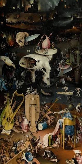 Detail of Bosch's musical Hell: giant instruments, hybrid creatures and tormented bodies against a dark background.