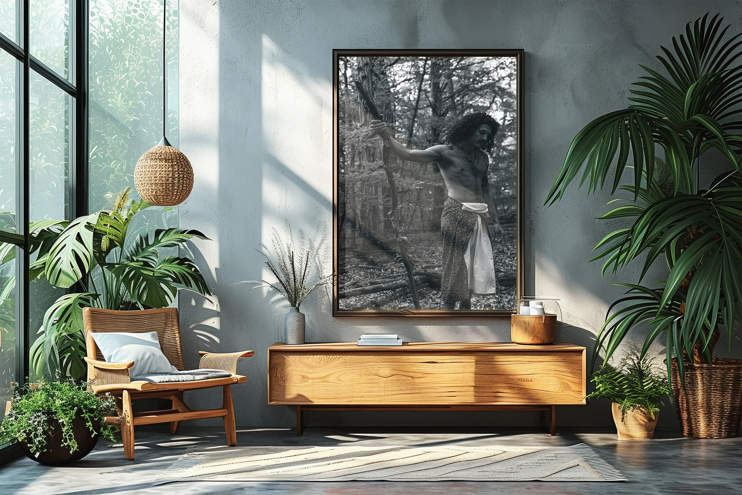 modern Scandinavian interior design with black and white art print hanging on the wall. Minimal decor with green plants.