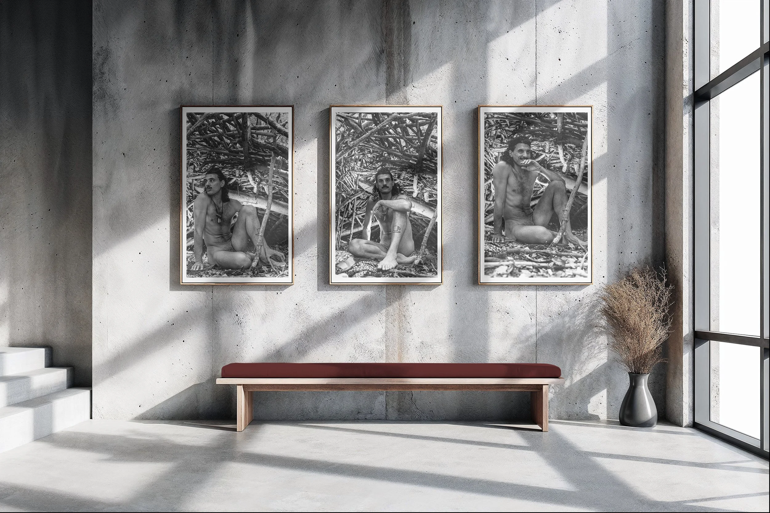 Art gallery design with three collectors edition fine art prints, showing a black and white project by photographer Frankie Breakfast. Shot in Austria and selling worldwide.