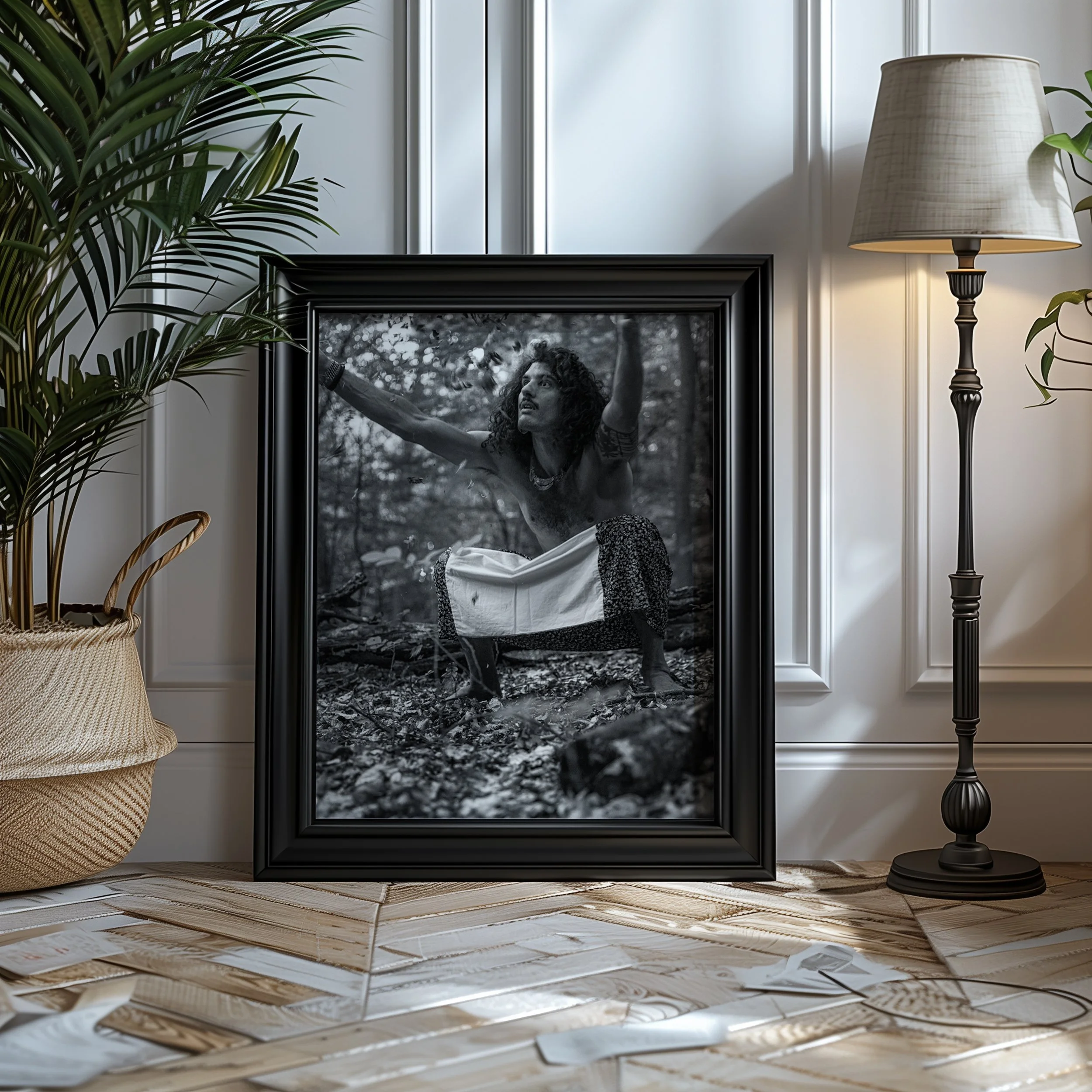 Superior design of interior, showing an elegant and refined wall where a framed fine art print leans together with a indoor plant and a lamp.