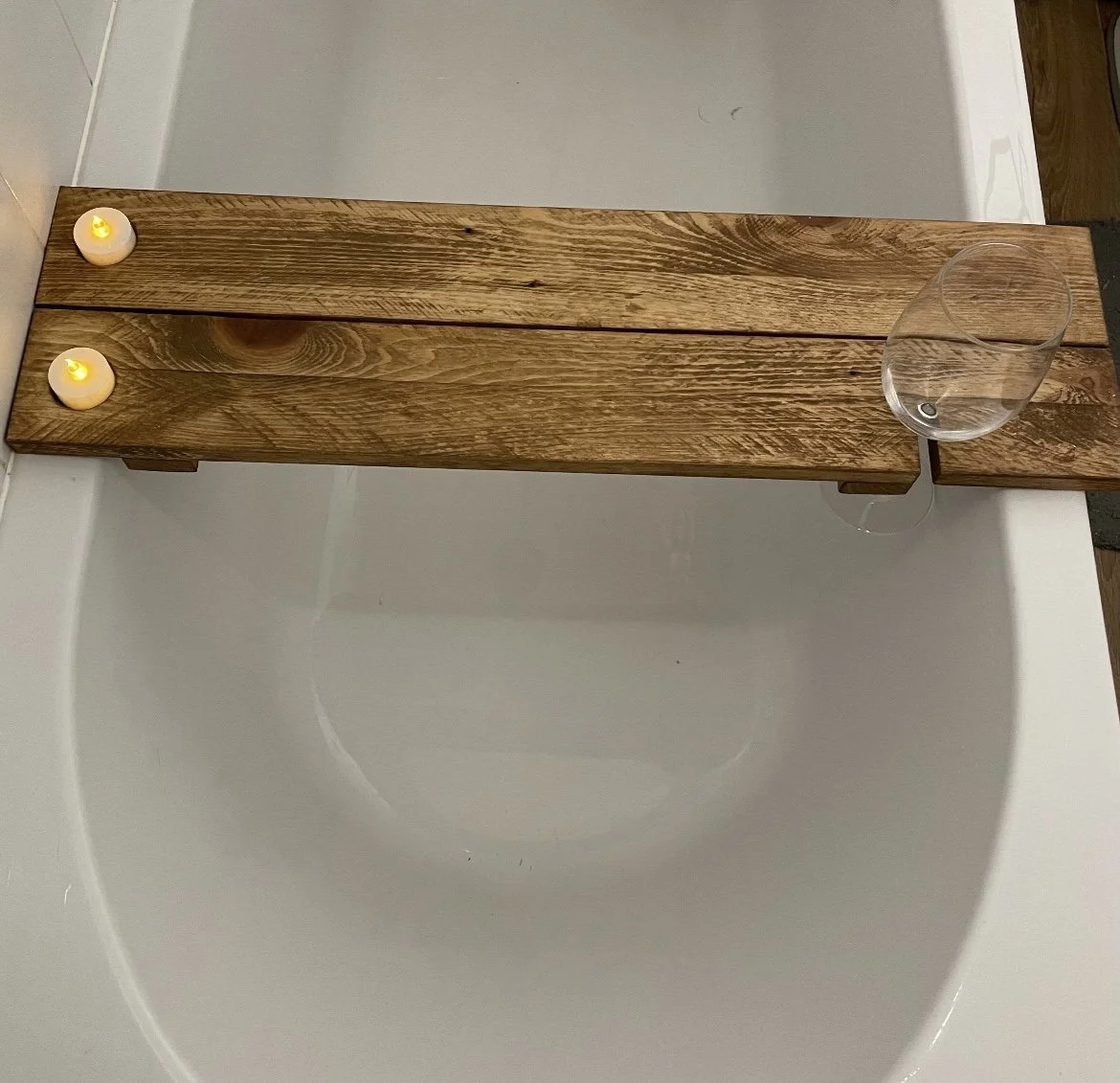 Wooden bath tray with wine holder