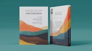 Mockup of a hardcover book with a colorful abstract landscape cover design, standing upright on a teal background.