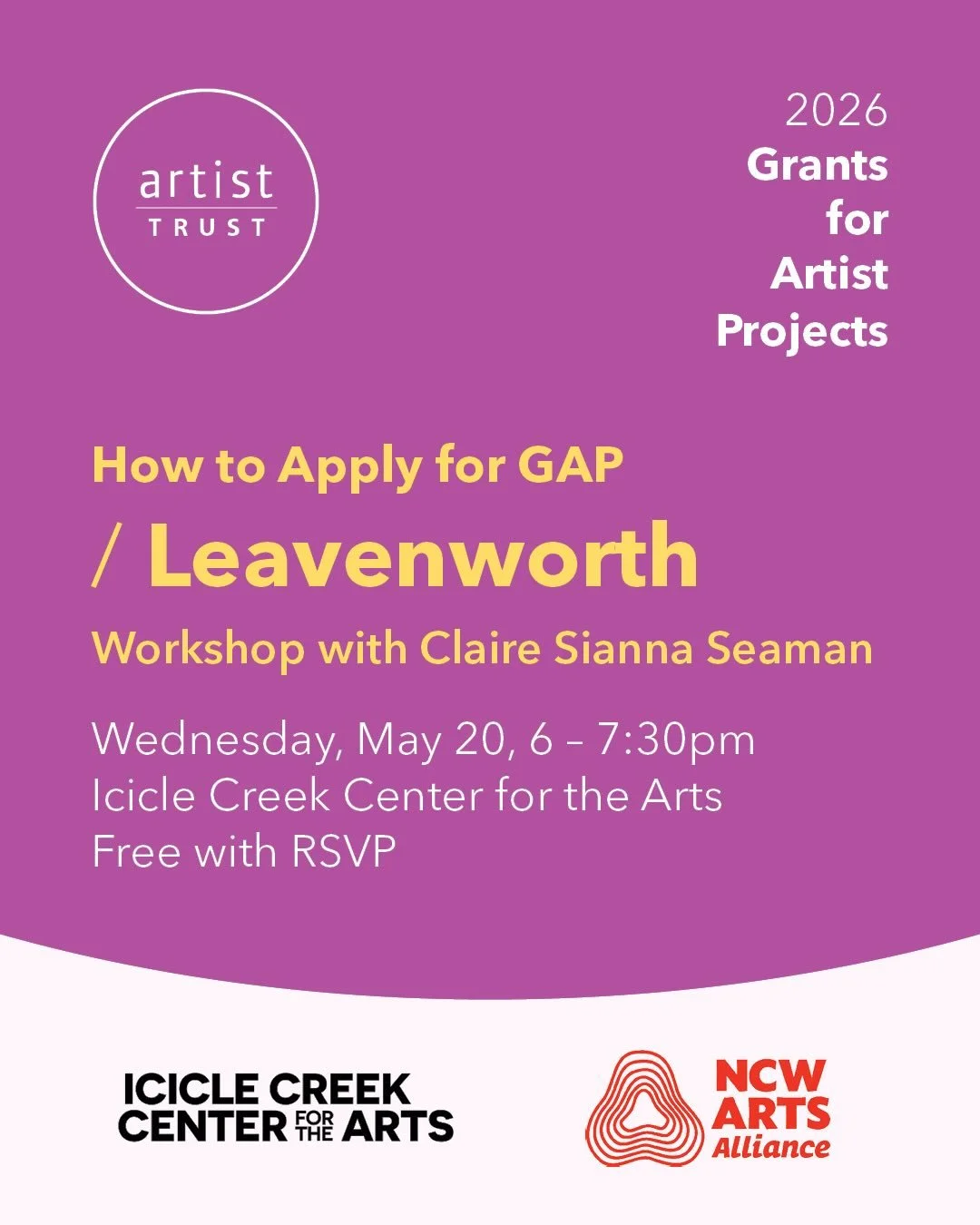 Calling all Wenatchee Valley artists! I&rsquo;ll be teaching a workshop the evening of May 20th at Icicle Creek Center for the Arts on how to apply for a $2,500 GAP grant from Artist Trust! I was a recipient in 2022- these unrestricted grants can be 