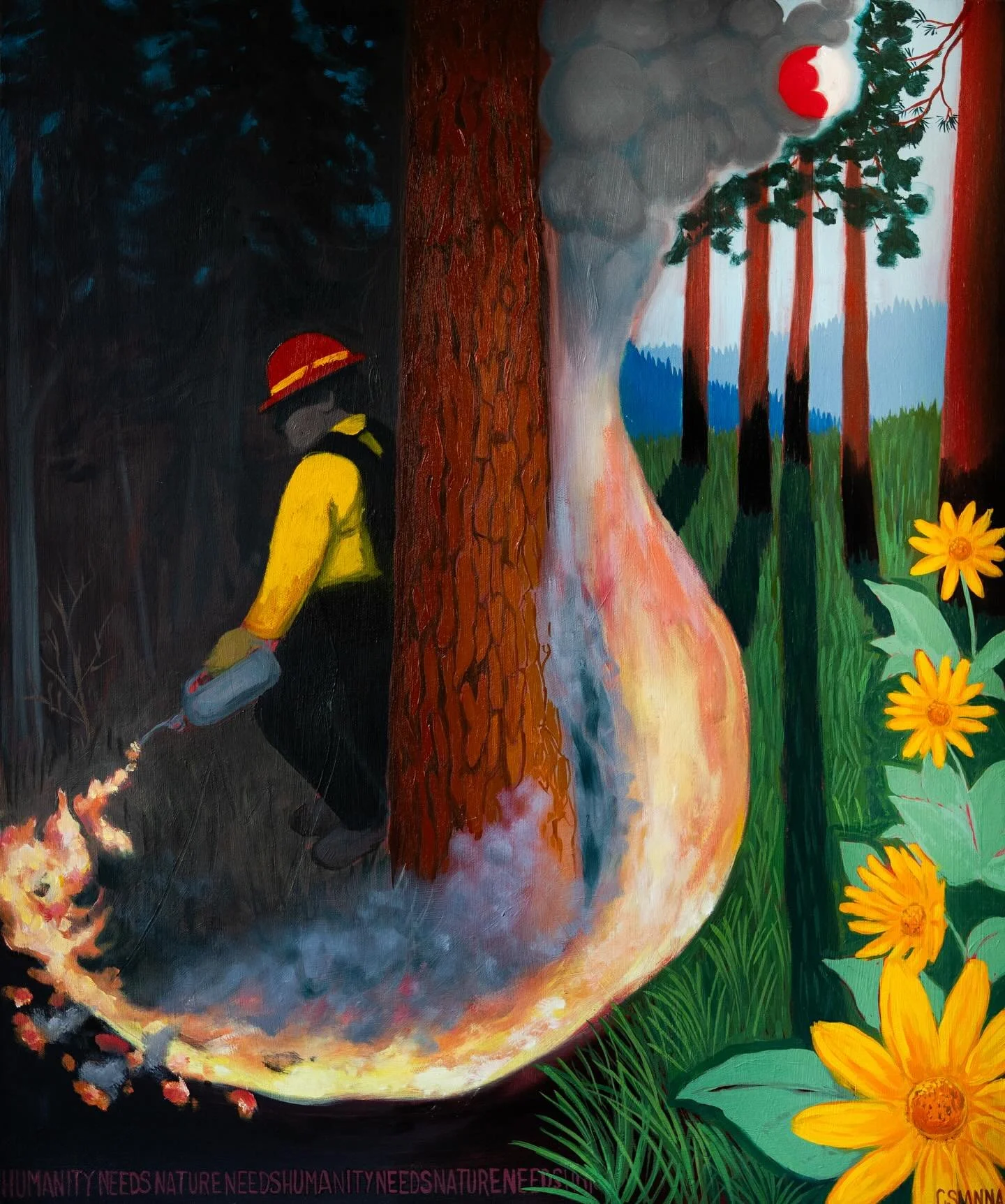 Humanity Needs Nature, Nature Needs Humanity, a piece for the upcoming Atmospheric Apparitions Exhibit opening at UBC&rsquo;s Liu Lobby Gallery in July! 
This piece depicts a dark and overgrown forest, a result of years of fire suppression, opening u