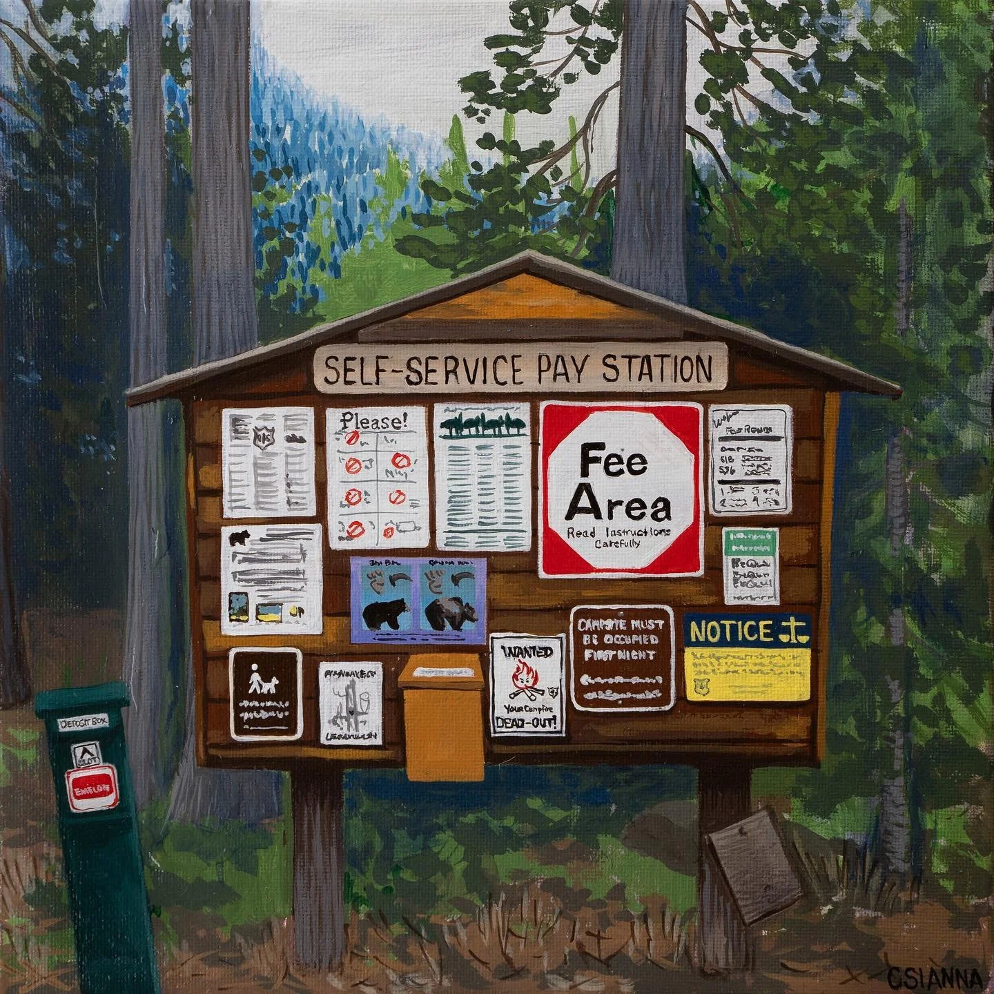 Bridge Creek Self Service Pay Station! 10 x 10 in, acrylic on canvas. Devon made a beautiful poplar frame for it, pictured. The piece will be at Argonaut starting June 27th (unless someone jumps on it before then!) ready to hang, for $415! 🏔️🥾
