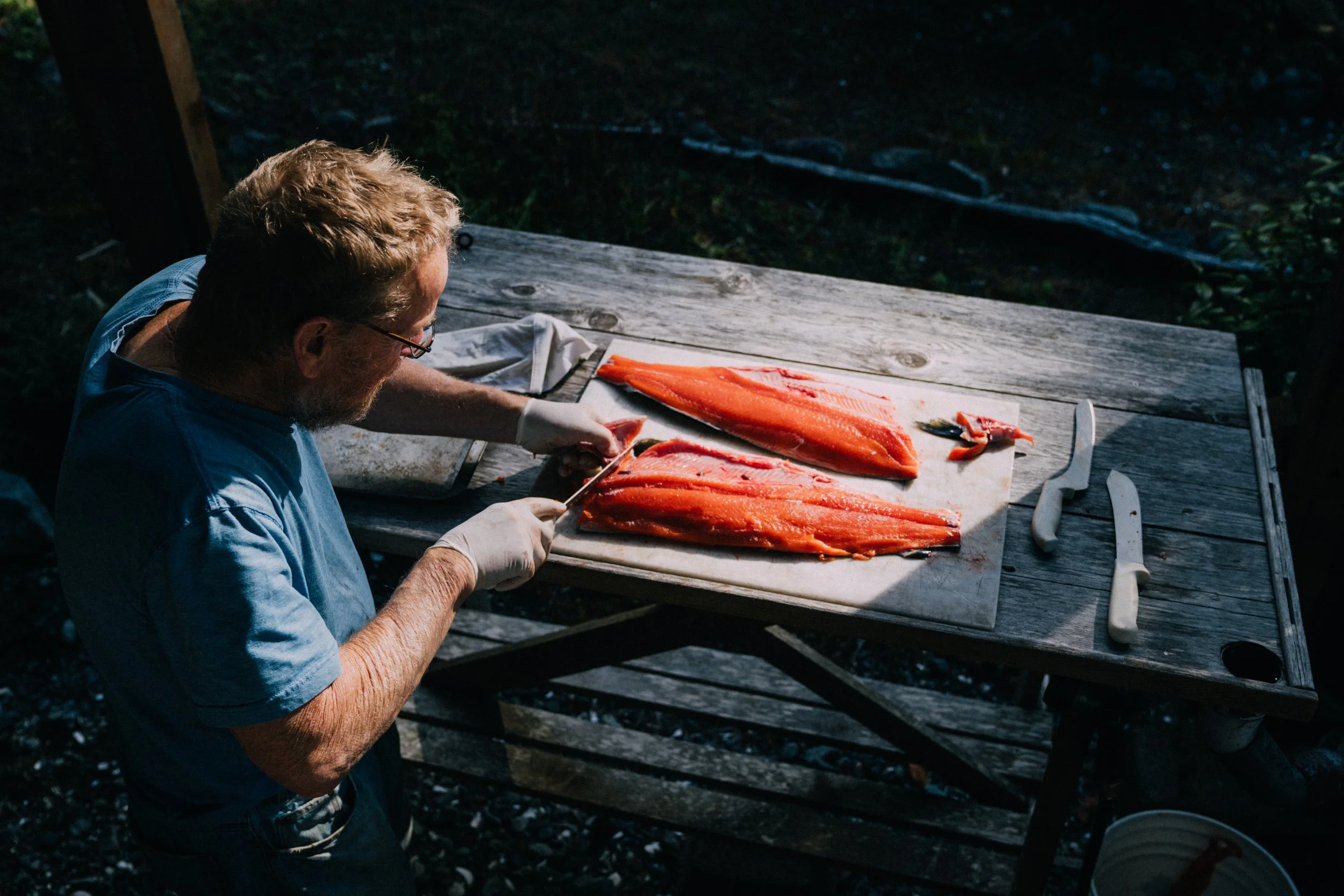 Jerry filleting salmon, Summer 2024, Vancouver Island, B.C.