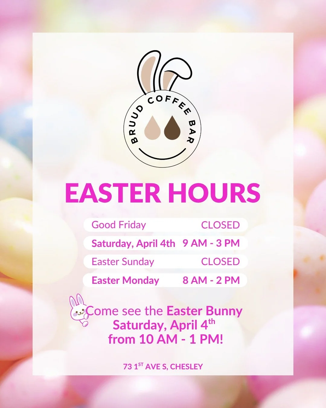 🐰 Our Easter Weekend Hours:

Good Friday - Closed

Saturday, April 4th, 9-3 PM - Come say hi &amp; get a pic with the Easter Bunny from 10 AM - 1 PM 

Closed Sundays

Easter Monday - 8-2 PM

Lots of Easter goodies &amp; new spring flight flavours to