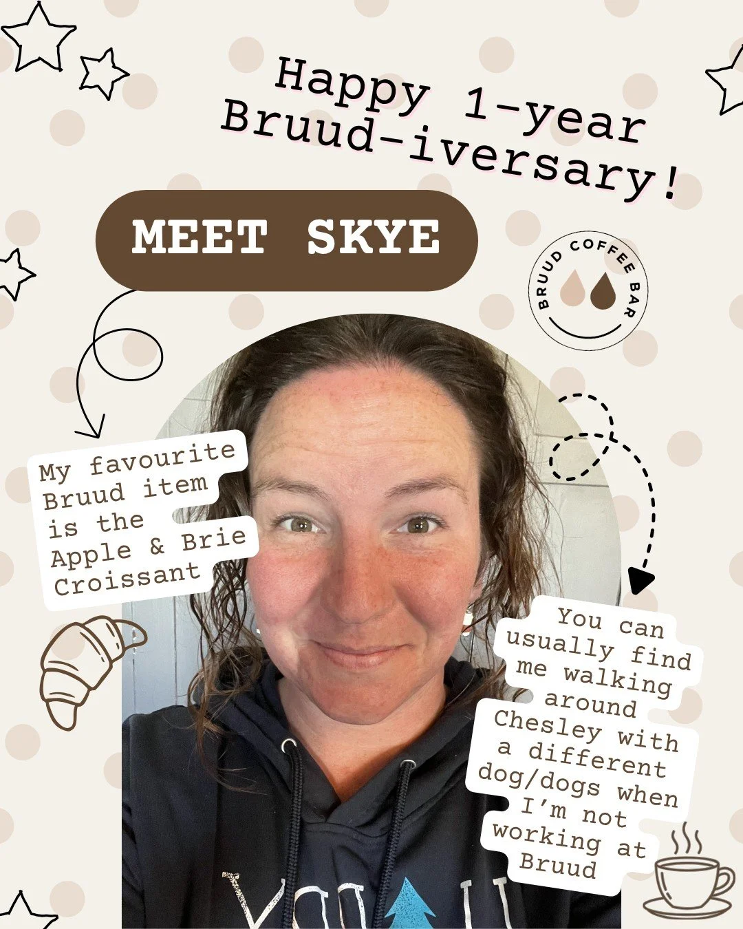 Happy 1-year Bruud-iversary to Skye! 🥳☕️

Skye's been a staple at the shop serving up your favourite goodies, and we're so grateful to have such an amazing team member. Here's to more fun shifts and Apple &amp; Brie croissants! 

Thank you for all t
