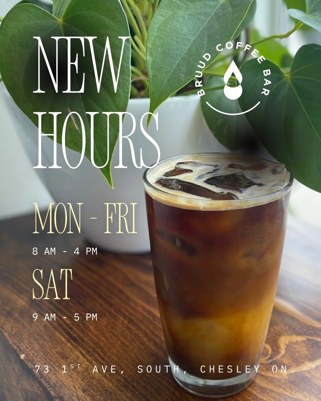 👉🏼 New Hours Starting MAY 4th!! 👈🏼

It's getting nicer &amp; that means extended hours.

Starting Monday, May 4th, we'll be open:

Monday to Friday from 8 AM - 4 PM
&amp; 
Saturday from  9AM - 5 PM

(Closed Sundays)

#seeyouatbruud #homeofthecoff