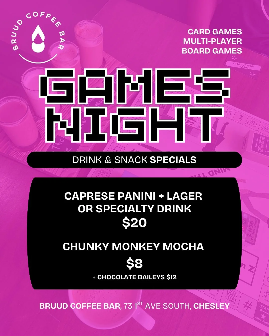 Games Night Specials! 

Caprese Panini + Lager or Specialty Drink $20

Chunky Monkey Mocha $8 
(add a shot of chocolate Baileys for $4)

YUM!! See you tonight from 7-9 PM

#saturdayplans #chesleyontario #localfun