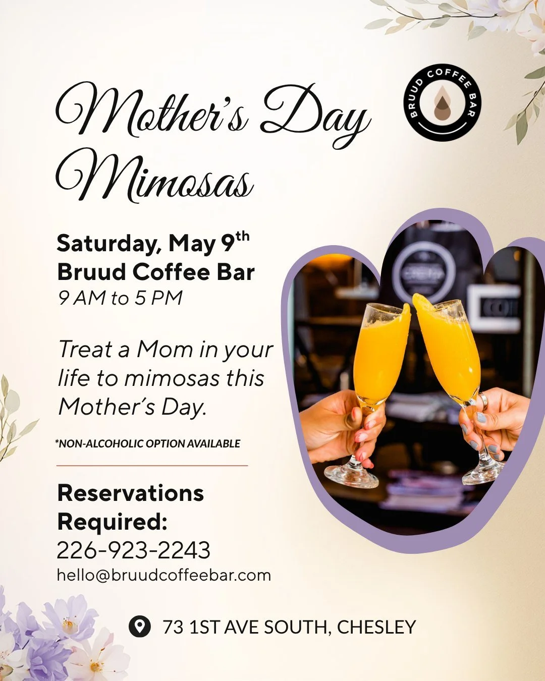 She deserves bubbles. 🥂✨ 

Treat the mom in your life to mimosas this Mother's Day
Saturday, May 9th, 9 AM to 5 PM. 
Spots are limited, reserve yours now!

*non-alcoholic option available

📞 226-923-2243 | hello@bruudcoffeebar.com
📍 73 1st Ave Sou