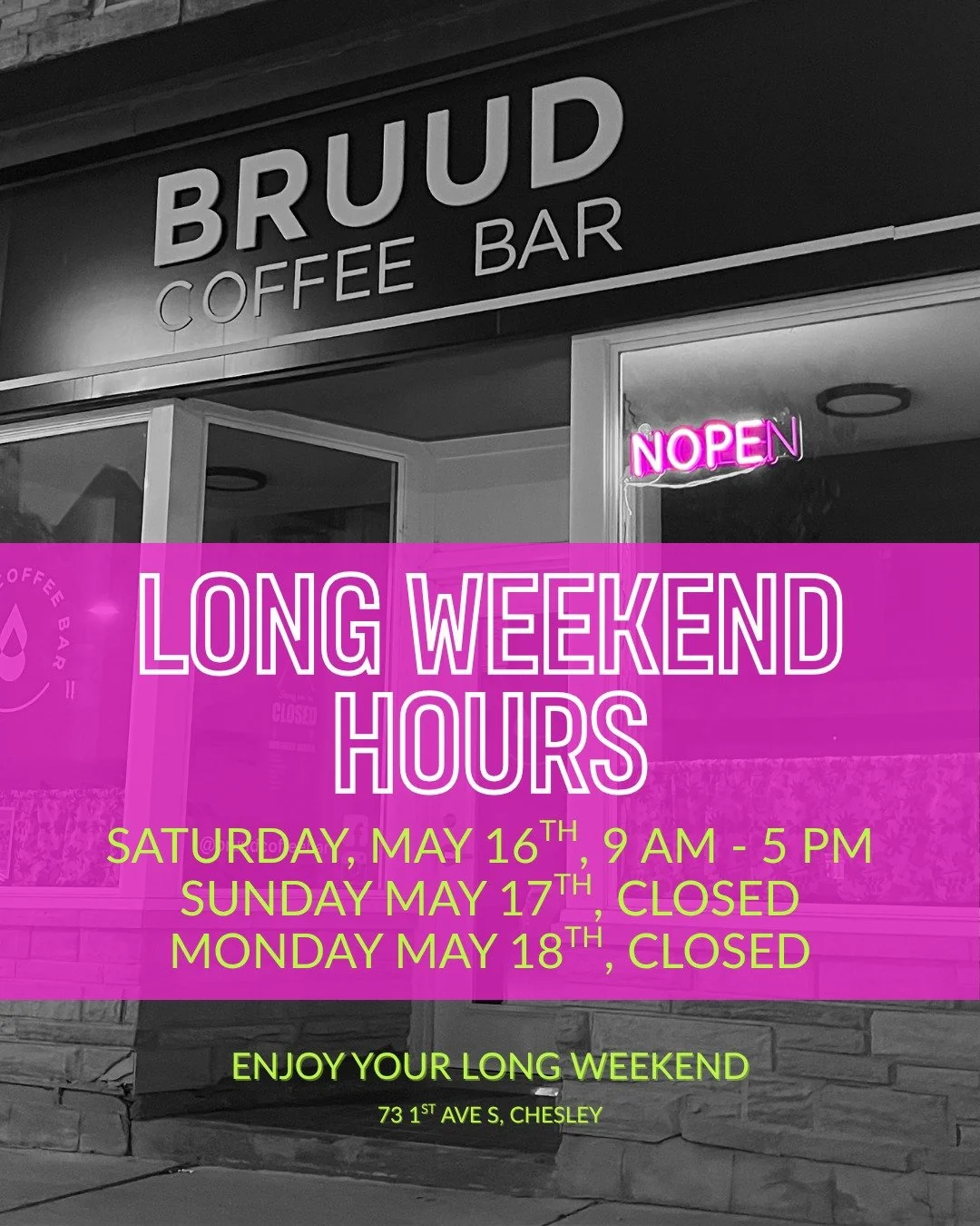 Make Bruud a part of your long weekend this Saturday! ☀️

Saturday, May 16th, 9 AM - 5 PM
Sunday CLOSED
Monday, May 18th, CLOSED

Enjoy &amp; be safe!

#maylongweekend #flowersandflights #localcoffeeshop #restandreset