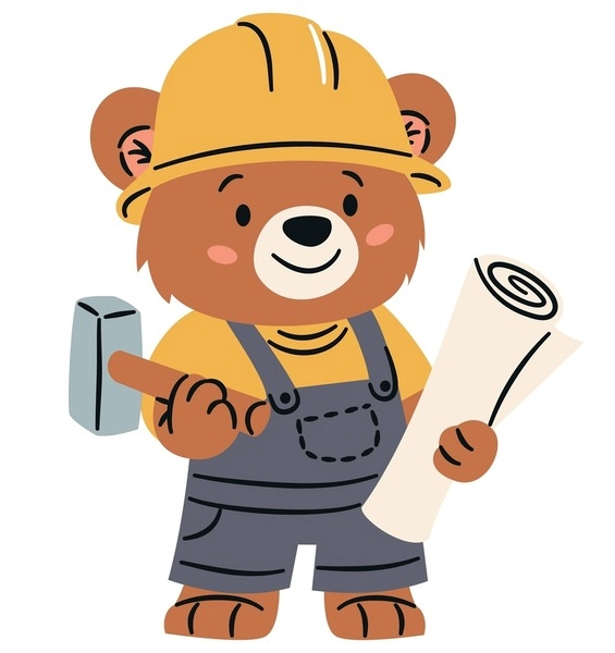 Cute teddy bear dressed as a construction worker, wearing a yellow hard hat and gray overalls, holding a hammer and a rolled blueprint.