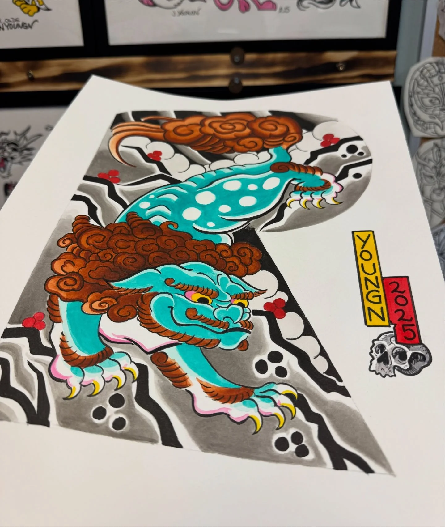 Foo dog half sleeve study I recently finished , available to be tattooed or to be hung on your wall .  #tattooflash #foodog #irezumi #handpainted #cincinnati #ohio #cincinnatitattooartist