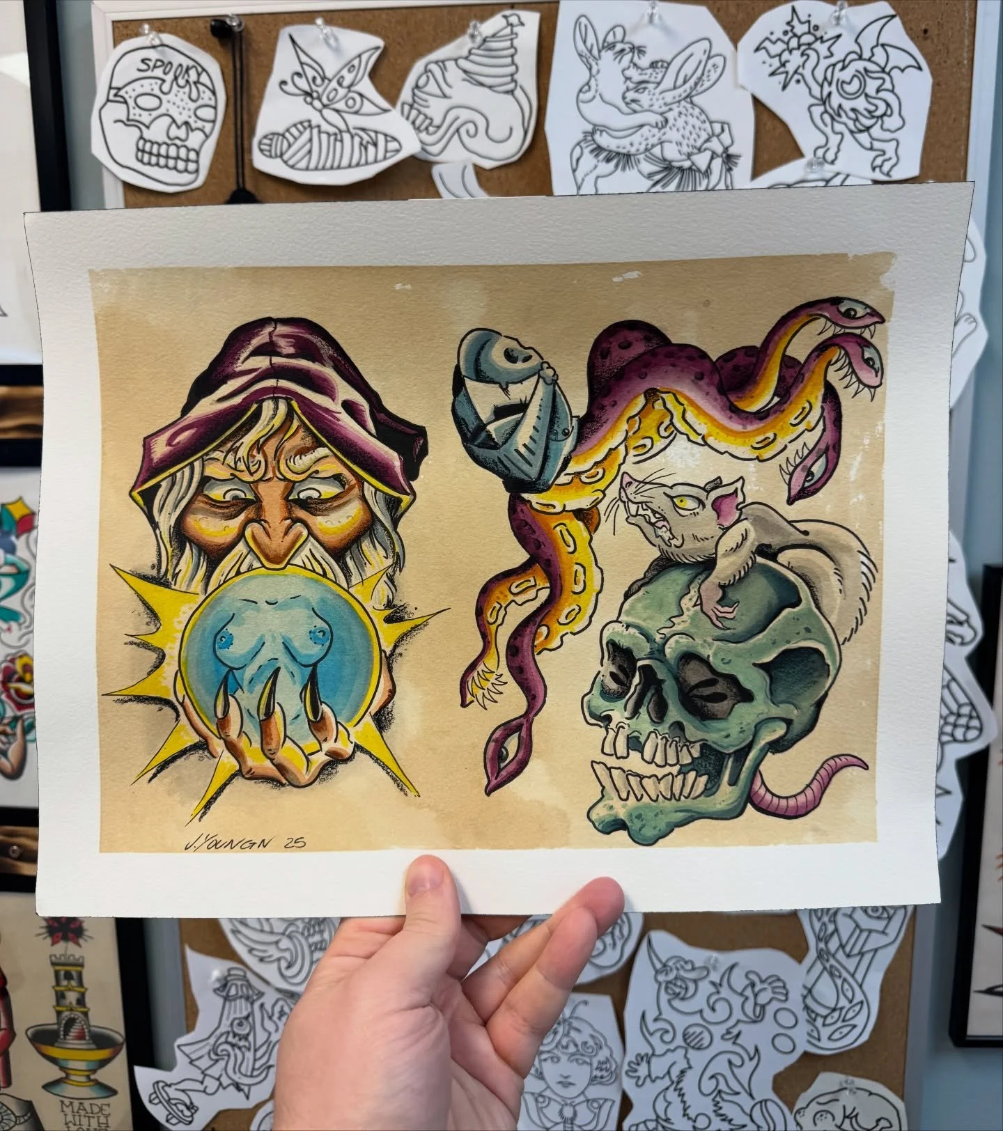 Painting season means more painting ! Finally finished this old sheet I drew before I moved to Cincy . Would love to make more wizard tattoos in the future so hit me up if you&rsquo;re wanting one ! 

#wizard #wizardtattoo #tattooflash #ohio #kentuck