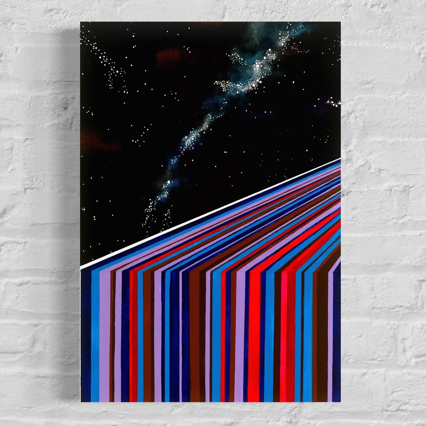 &ldquo;Rainbow Road&rdquo; - acrylic on paper. 

These lines took an incredible amount of taping. And a very very tiny brush. 

#spaceart #galaxyart