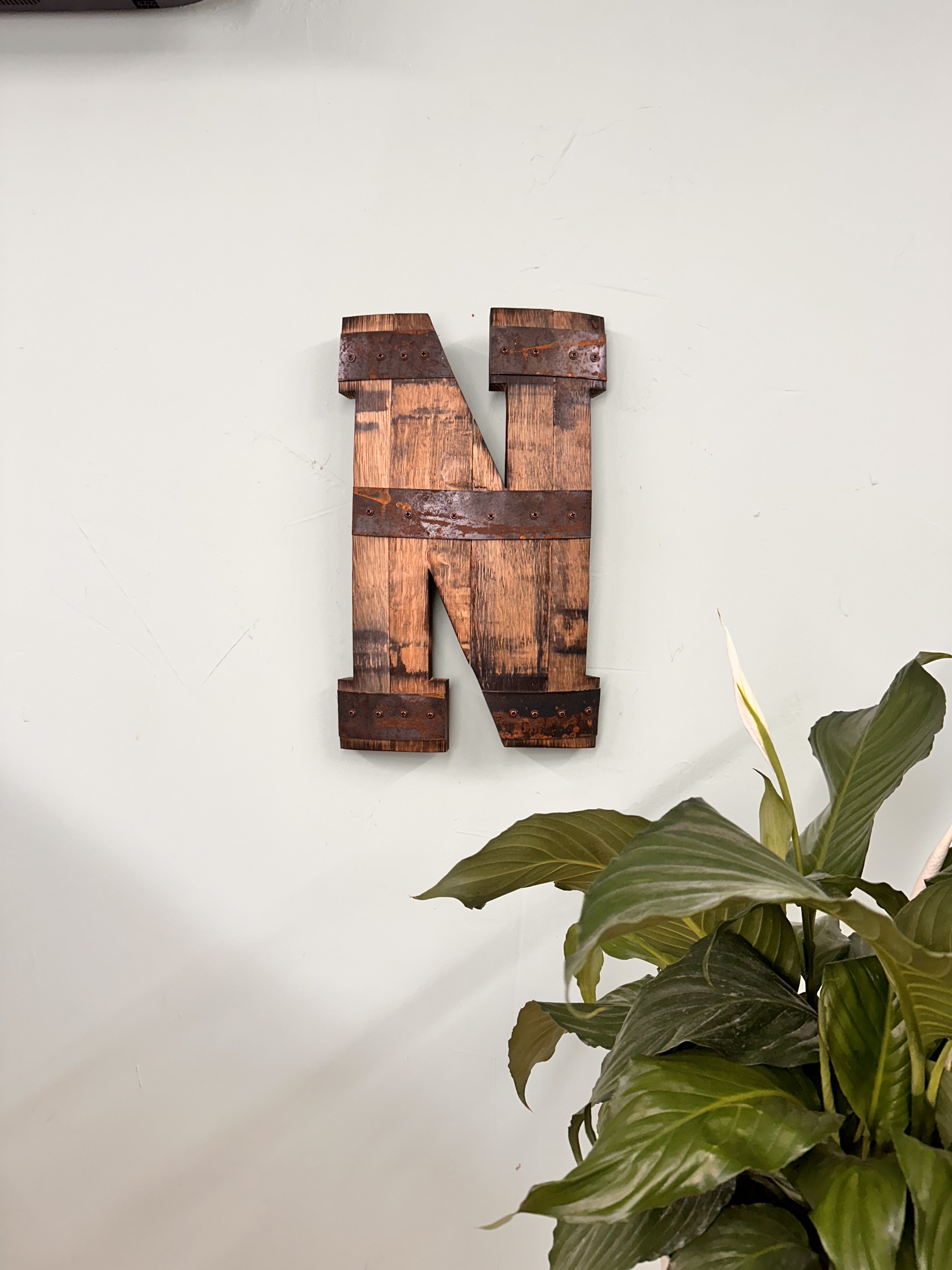 18” “N” Monogram Bourbon Barrel Wood Cutout with Rings