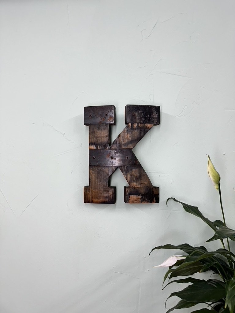1' “K” Monogram Bourbon Barrel Wood Cutout with Rings