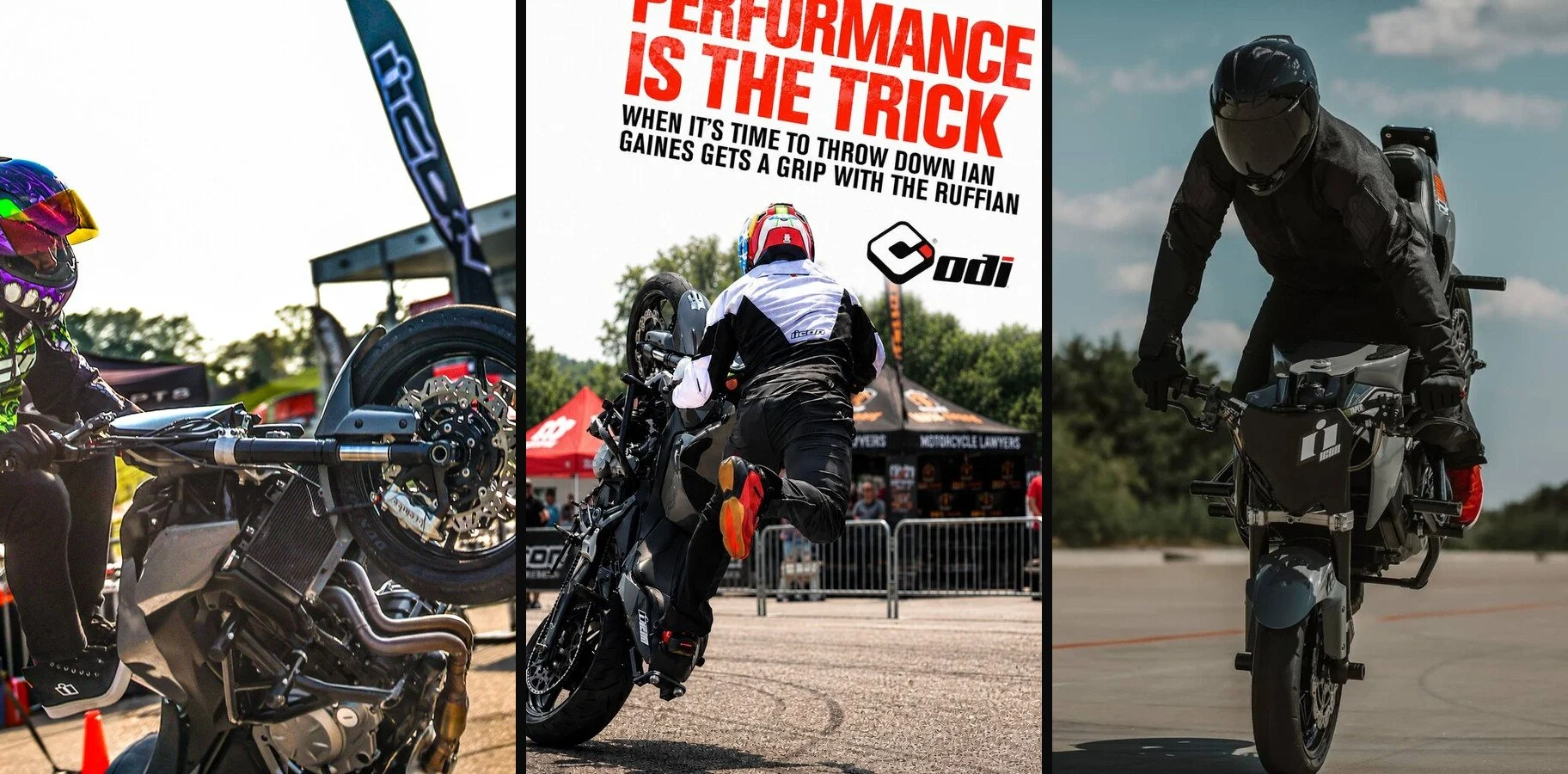 Ian Gaines performing professional motorcycle stunt shows in three action photos