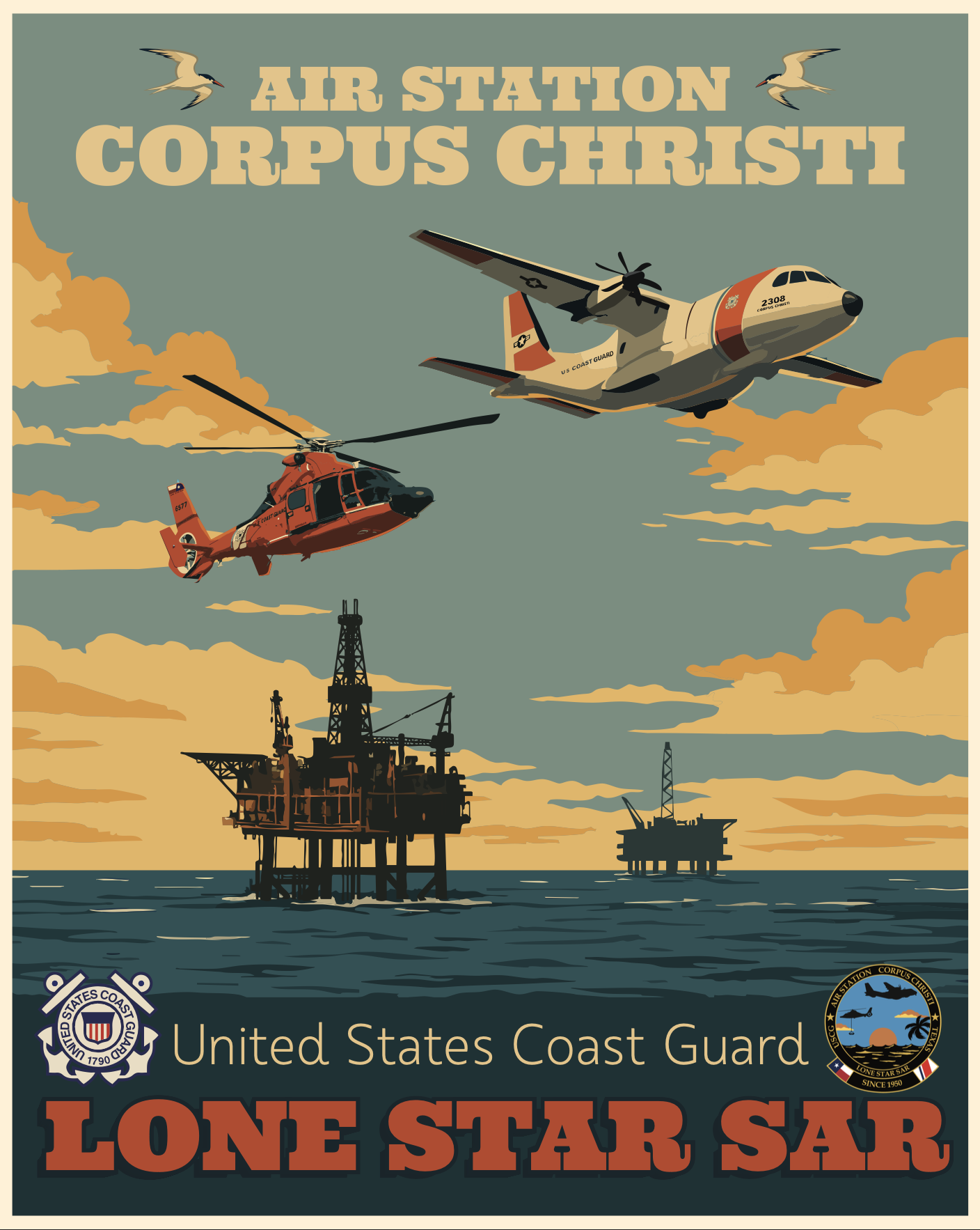 U.S. Coast Guard MH-65 Dolphin and HC-144 aircraft over the Gulf of Mexico.