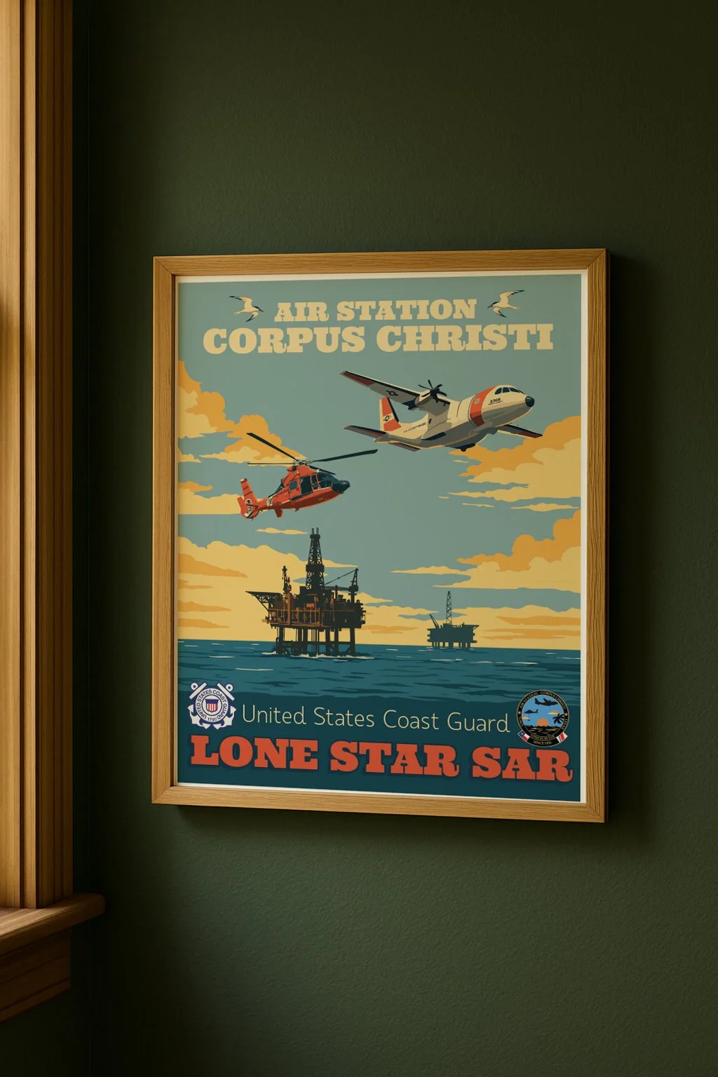 Framed U.S. Coast Guard MH-65 Dolphin and HC-144 aircraft illustration.