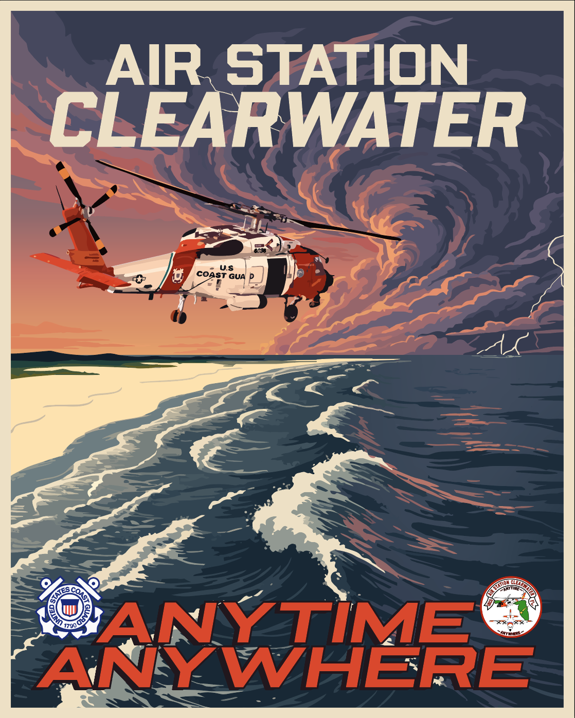 Air Station Clearwater “Anytime Anywhere” Coast Guard poster with an MH-60 Jayhawk flying into a hurricane.