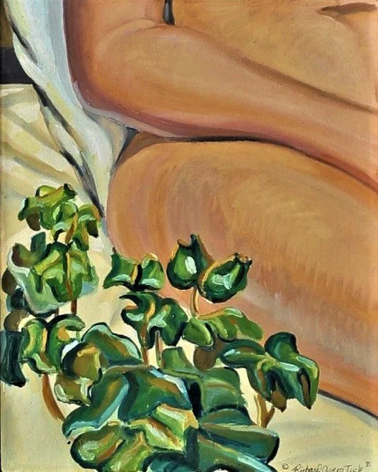 A 1981 painting that pairs a partial human figure with a vivid rush of ivy, blending intimacy, still‑life elements, and the expressive power of the human fragment.