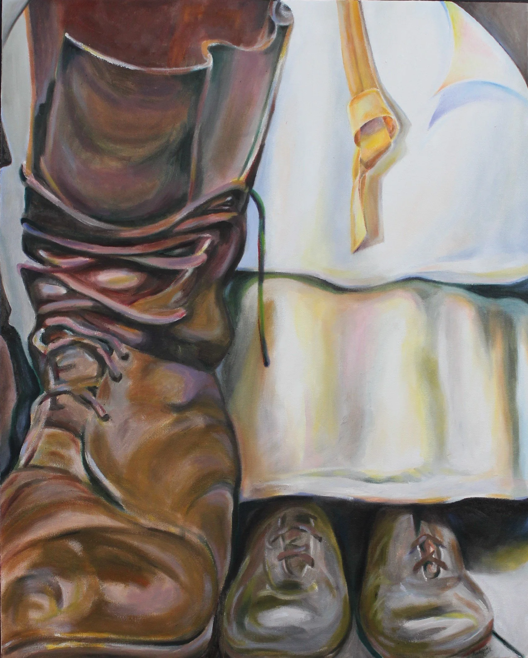 Boot and Shoes (2020) Oil on canvas, 24x30” Painted in 2020, this large-format still life juxtaposes worn footwear with sculptural presence. The composition evokes memory, utility, and personal narrative