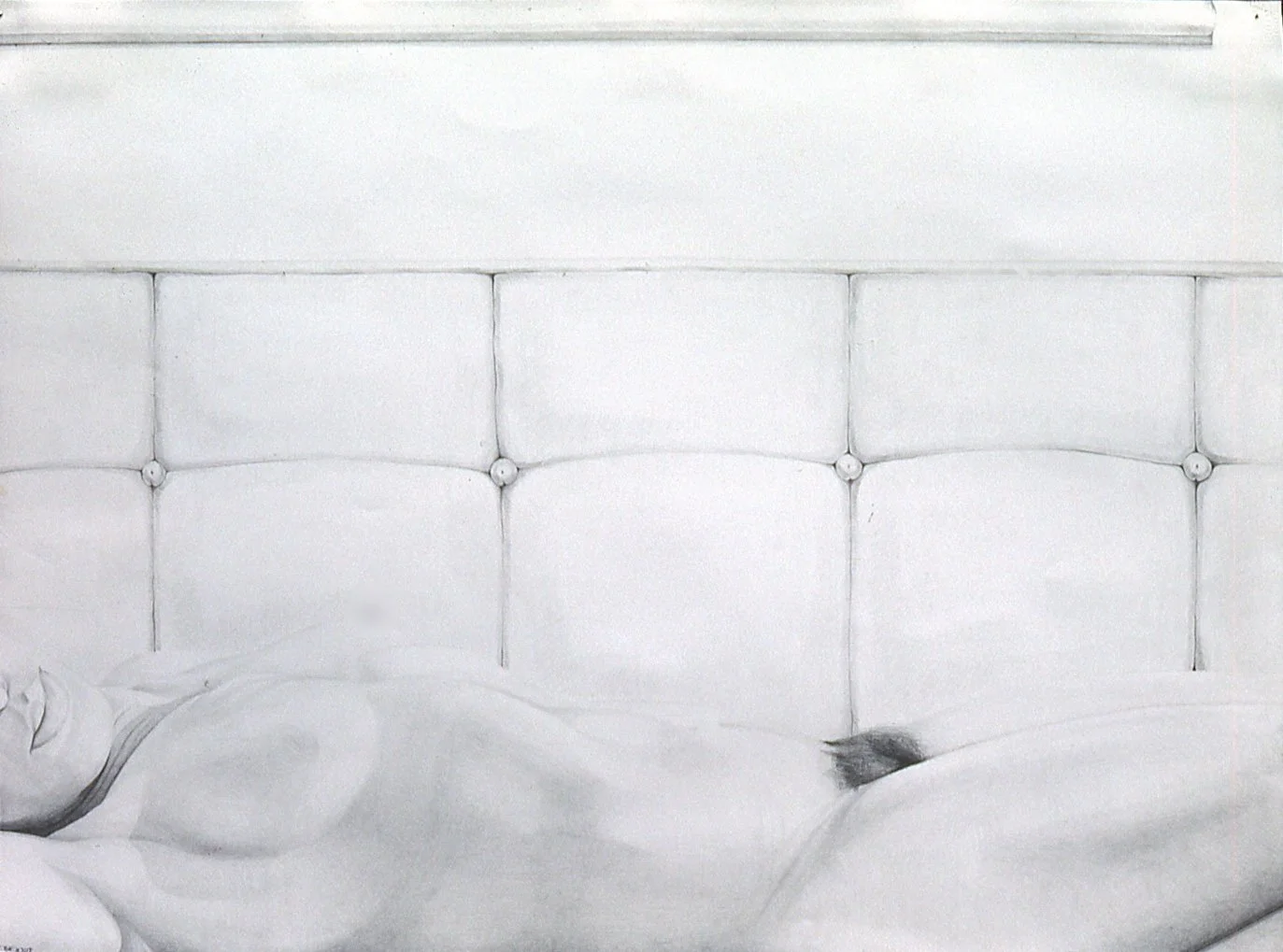 A pencil drawing showing a nude woman figure lying horizontally from side to side, cropped at her knees on the right side and across her head above her nose on the right.