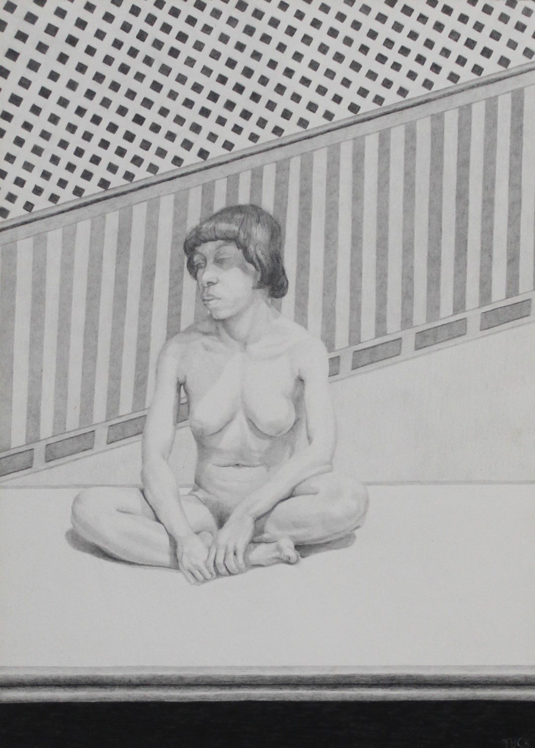 Pencil drawing of a woman sitting cross‑legged, with a sharp diagonal and patterned background creating spatial tension around the figure.