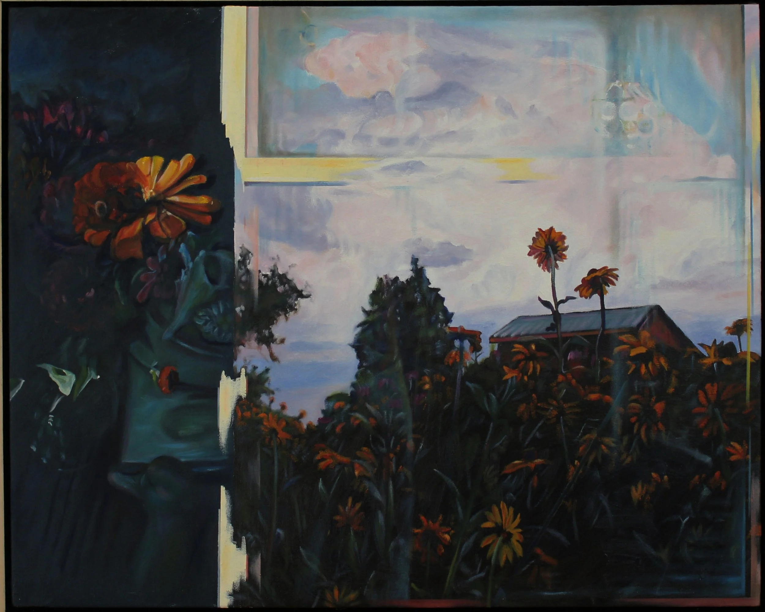 Oil painting of a chicken house roof behind a field of flowers in late afternoon light, with a dark interior shape emerging from the left.